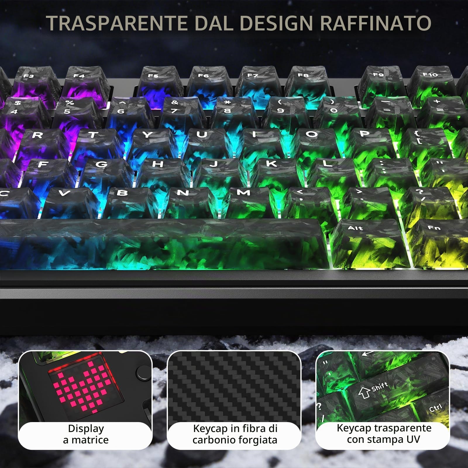 ATTACK SHARK X87 ULTRA Tastiera Meccanica da Gioco Wireless con Display a Matrice di Punti, BT/2,4 GHz/Cablata, 75% Hot swap, 10000mAh, RGB, Ricevitore Wireless Shark Fin, Ink Shadow
