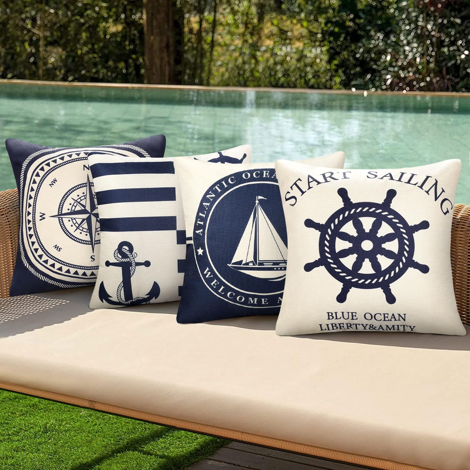 Loussiesd Set di federe decorative per cuscini a tema nautico morbido, per divano, camera da letto, soggiorno e costiera, 50 x 50 cm