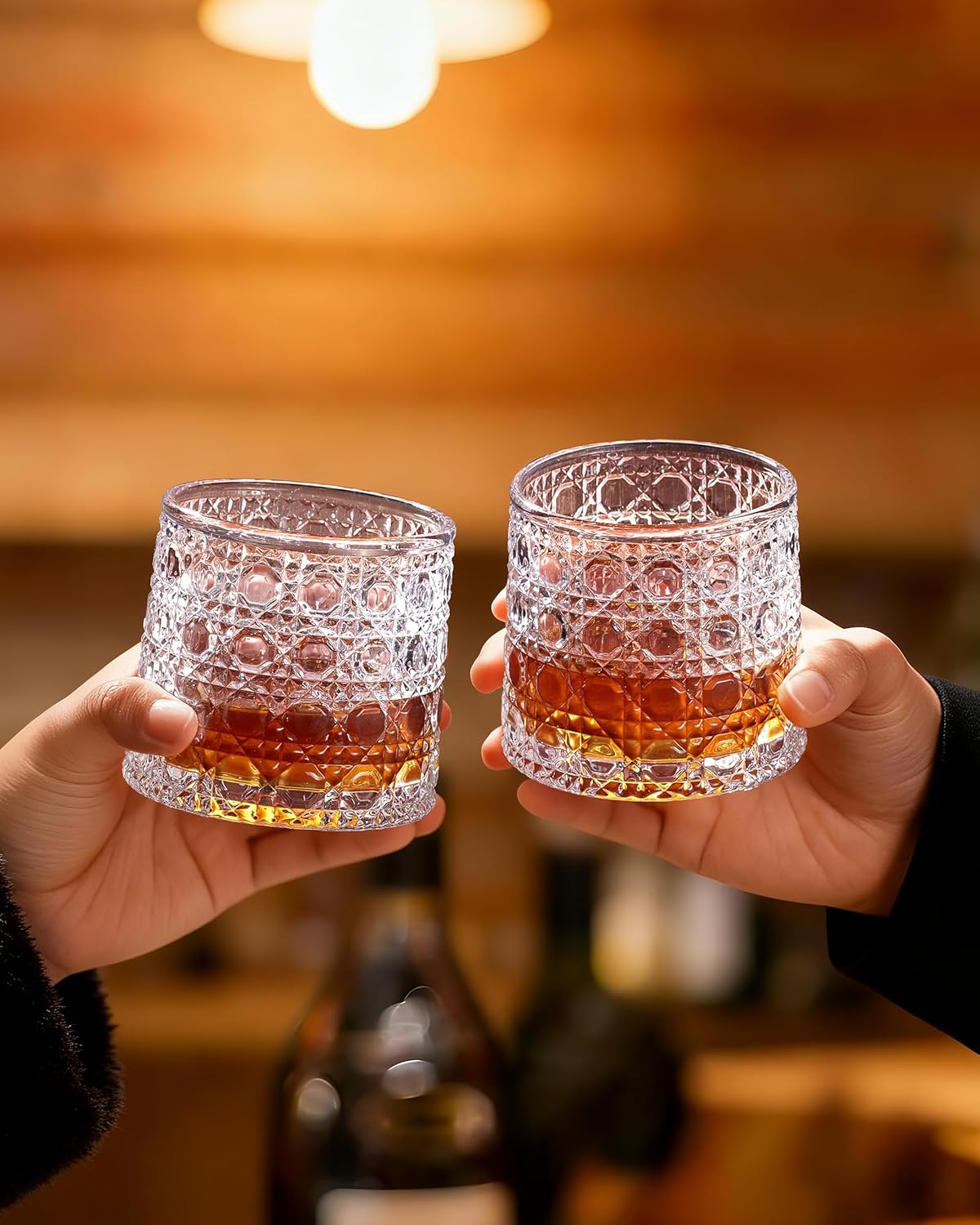 CEEFU Old Fashioned Whiskey Glasses with 360° Rotating Base, Set of 4 (2 Crystal Glasses Set, 2 Big Ice Ball Molds) In Gift Box - Bourbon, Cocktail, Rocks, Bday Gifts Ideas for Men, Gem Pattern