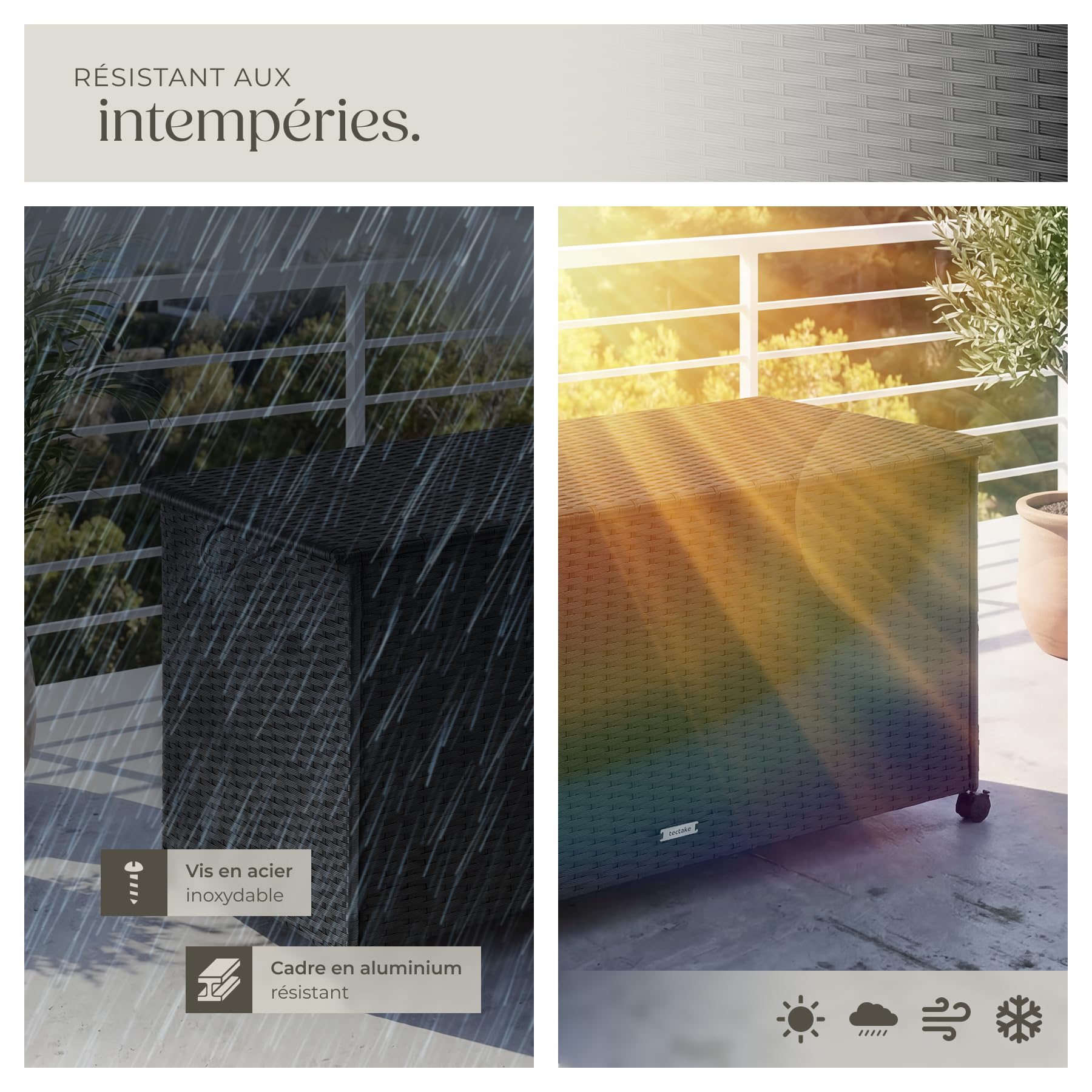 tectake® Coffre de jardin Exterieur, Coffre à Coussins 297 L en Aluminium Polyrotin 117 x 54 x 64 cm avec Roulettes, Couvercle Rabattable, Poignées pour Rangement des Outils de Jardin, Matelas, Jouets - 4