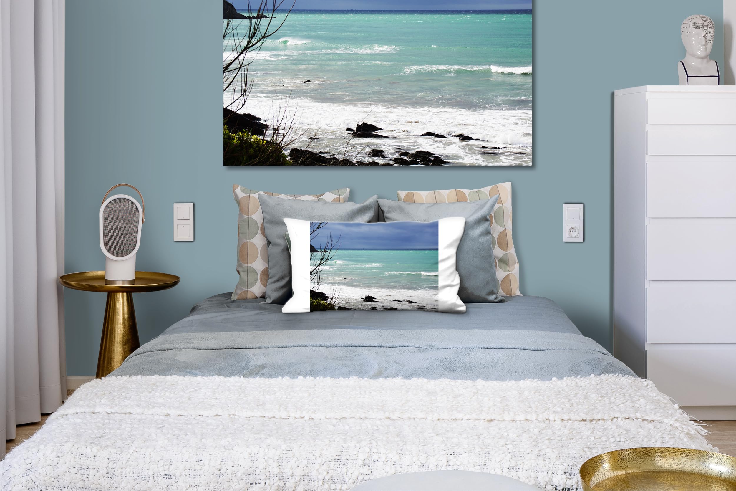 Farbspiele 2 - Foto-Kissen-Hülle Set (2 STK.) 80 x 40 cm | Kissen-Bezüge - passend zu Wandbild - Deko-Kissen - Frankreich Strand Küste blau türkis