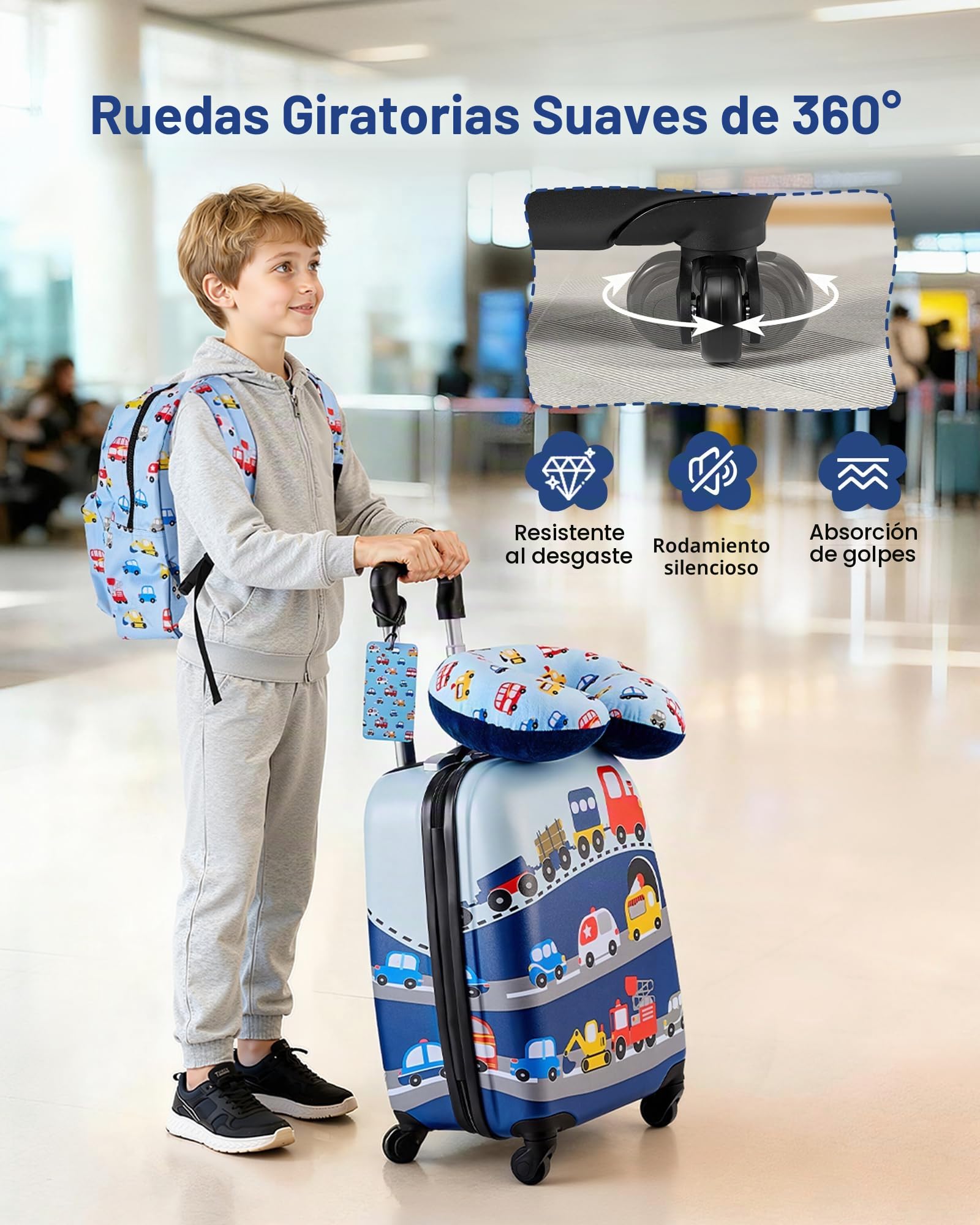 VEVOR Juego de Maletas para Niños 5 Piezas, Maleta de Cabina 45,7 cm, Mochila con Cojín Cervical, Bolsa para Comida y Etiqueta de Equipaje, Camión Azul, Equipajes Infantiles para Viaje Escuela Camping