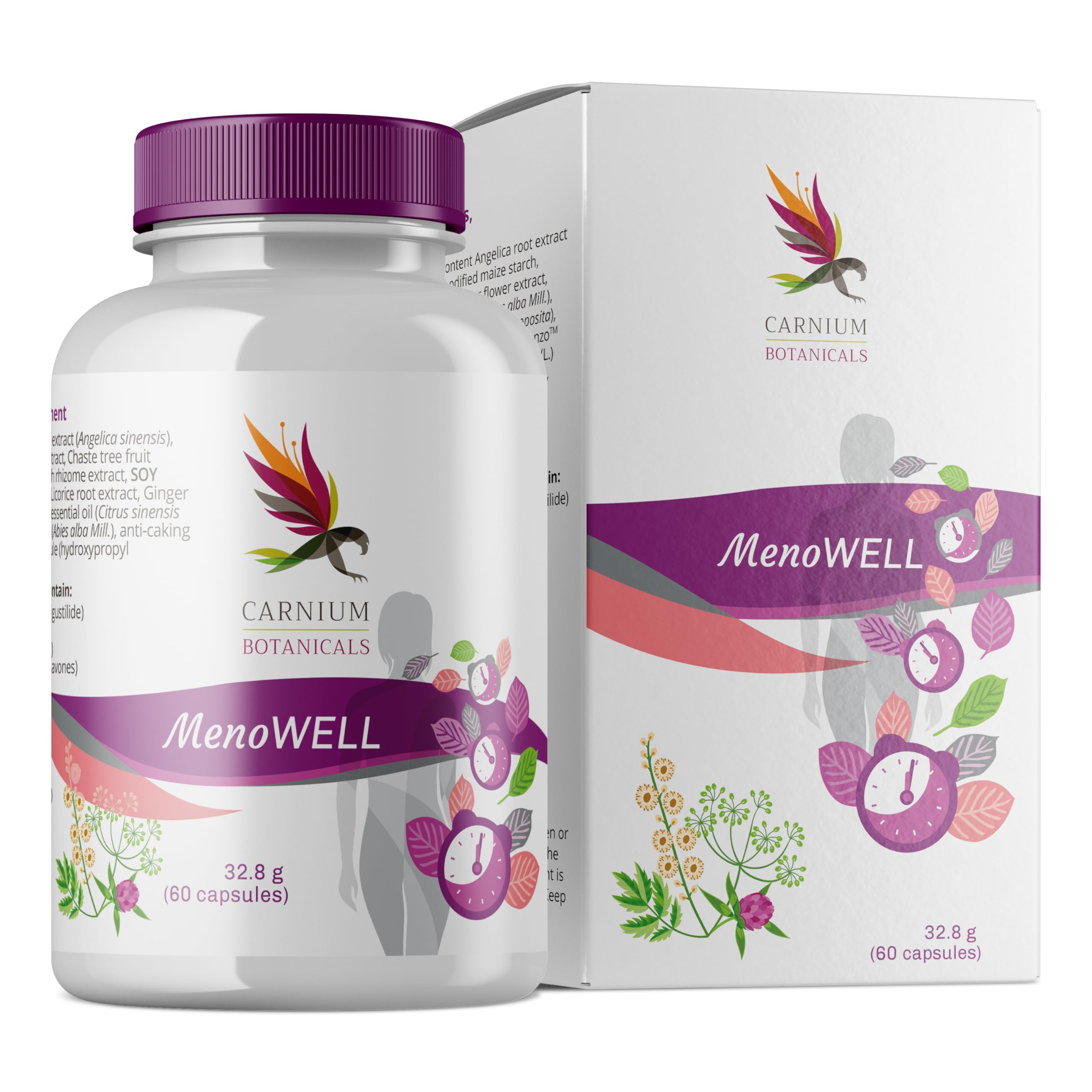 Carnium Botanicals MenoWELL – Wechseljahre Kapseln, 60 Stück | Mönchspfeffer, Rotklee, Yamswurzel, Natürlicher Komplex für Frauen
