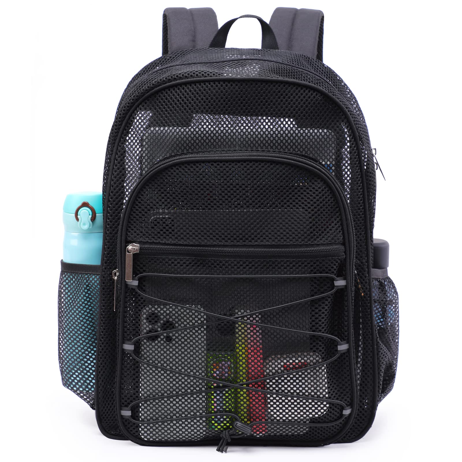 TINYAT Netz-Rucksack für Damen und Herren, strapazierfähig, durchsichtig, transparent, für Strand, Reisen, Fitnessstudio, Schwimmen, Schwarz/8010