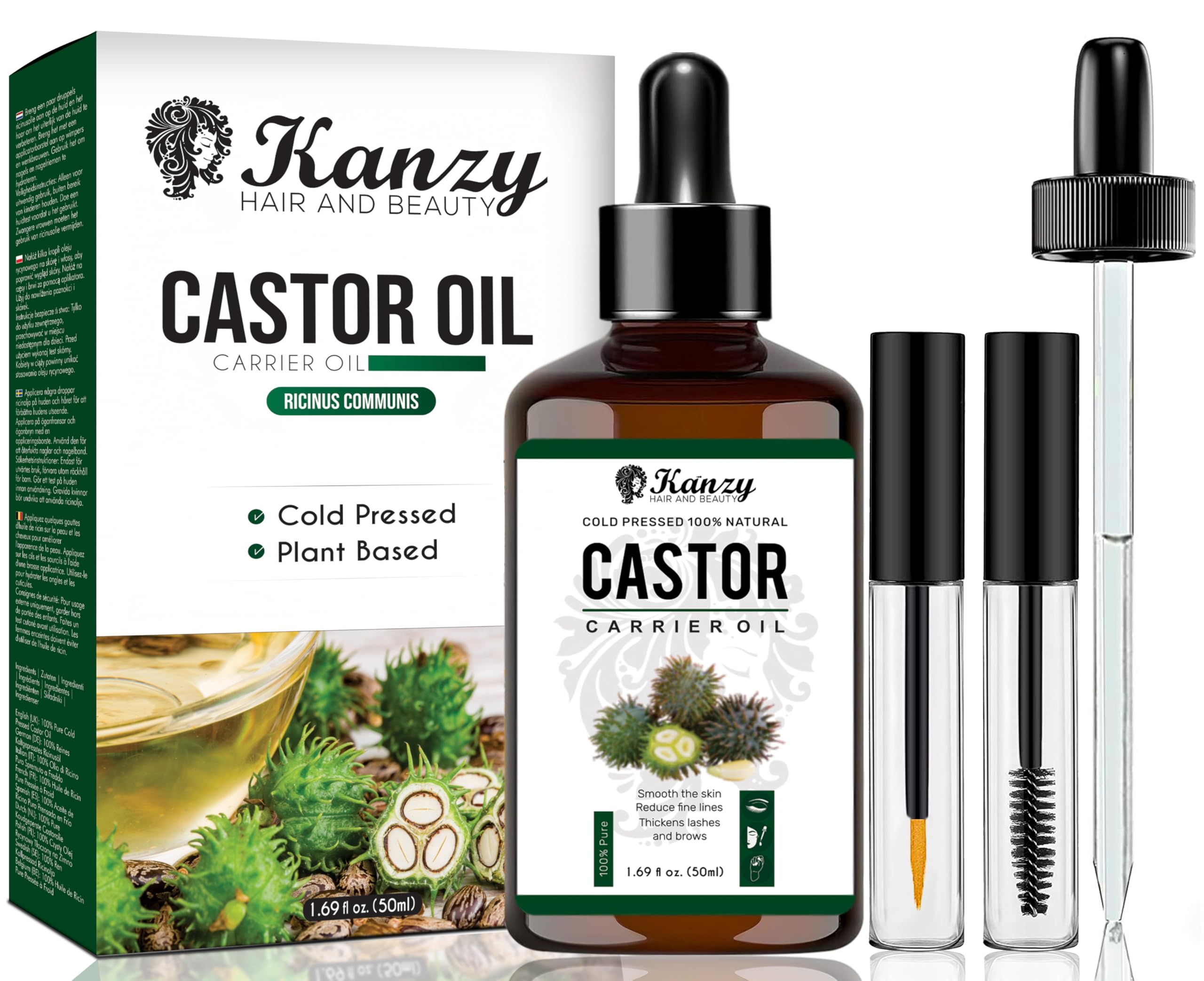Kanzy Rizinusöl Kaltgepresst 100% Rein, 50ml Castor Oil for Hair Growth Natürlich Rizinus Öl für Körper, Haare, Nägel, Wimpern, Augenbrauen