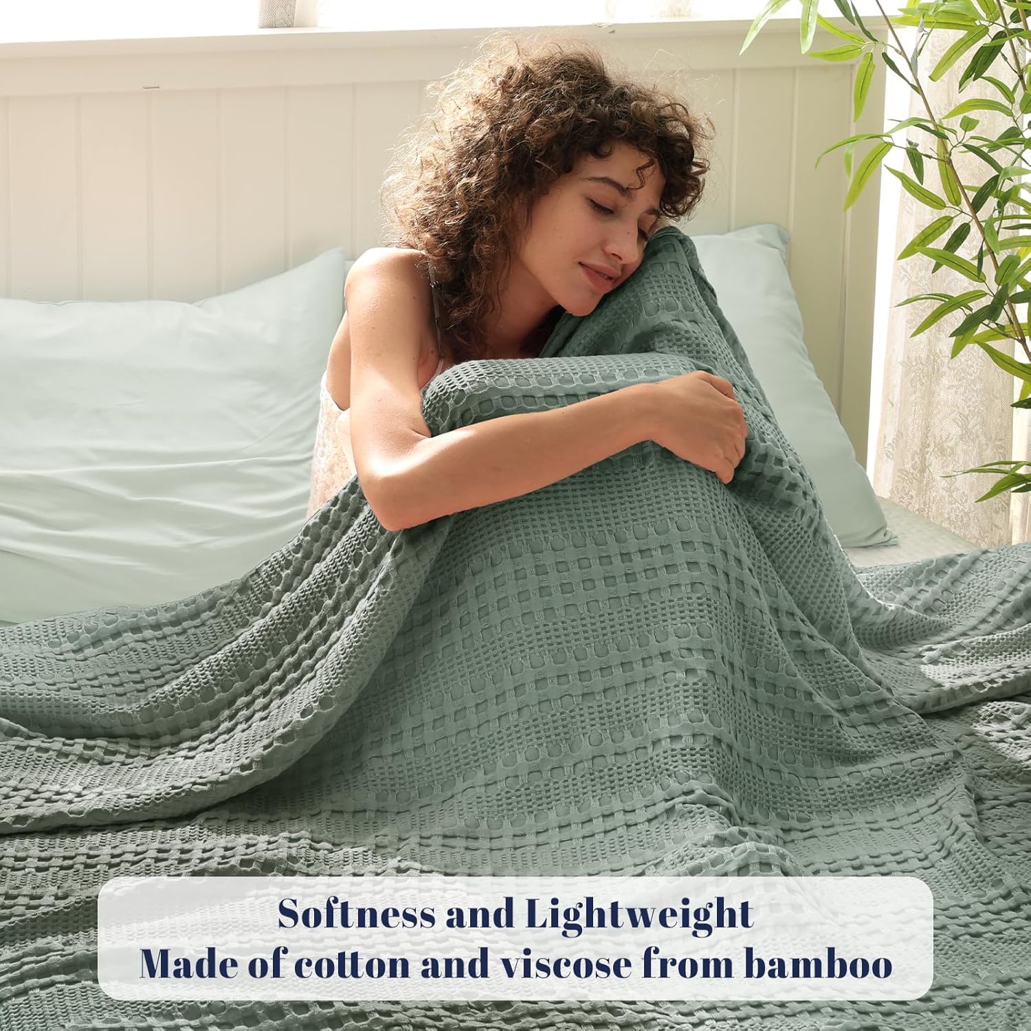 PHF Cooling Waffle Blanket Queen Size, Lightweight 60% Rayon Derived from Bamboo & 40% Cotton Breathable Blanket for Hot Sleepers, Soft and Luxury for Bed Couch and Sofa, 90"x90", Slate - Image 2