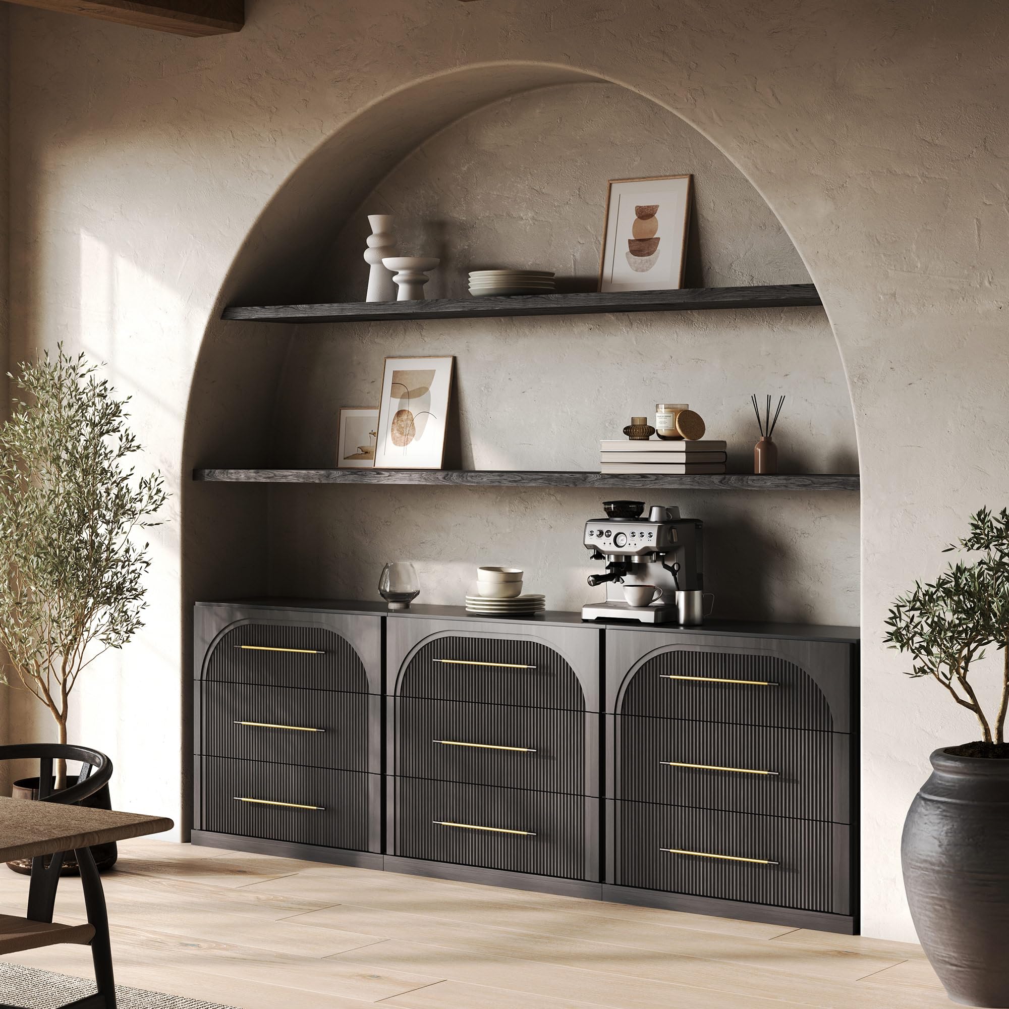 BELLEZE 65 Inch Fluted Buffet Cabinet with Storage, Symmetrical Arc Accent Sideboard Large Console Table for Dining Room, Kitchen, and Living Room (Camel) — view 69
