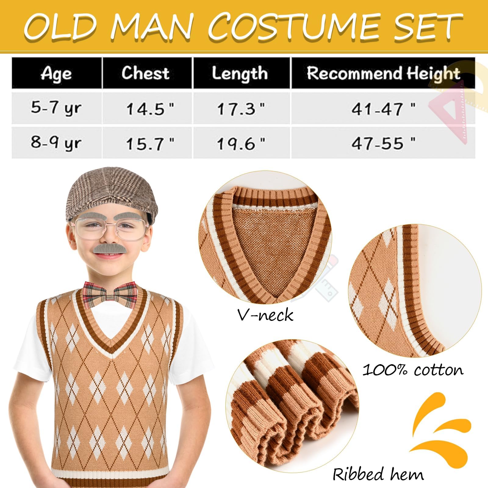 Matiniy Old Man Costume Grandpa Cosplay Accessories Set for Halloween Dress Up Supplies (Khaki, 8-9Y