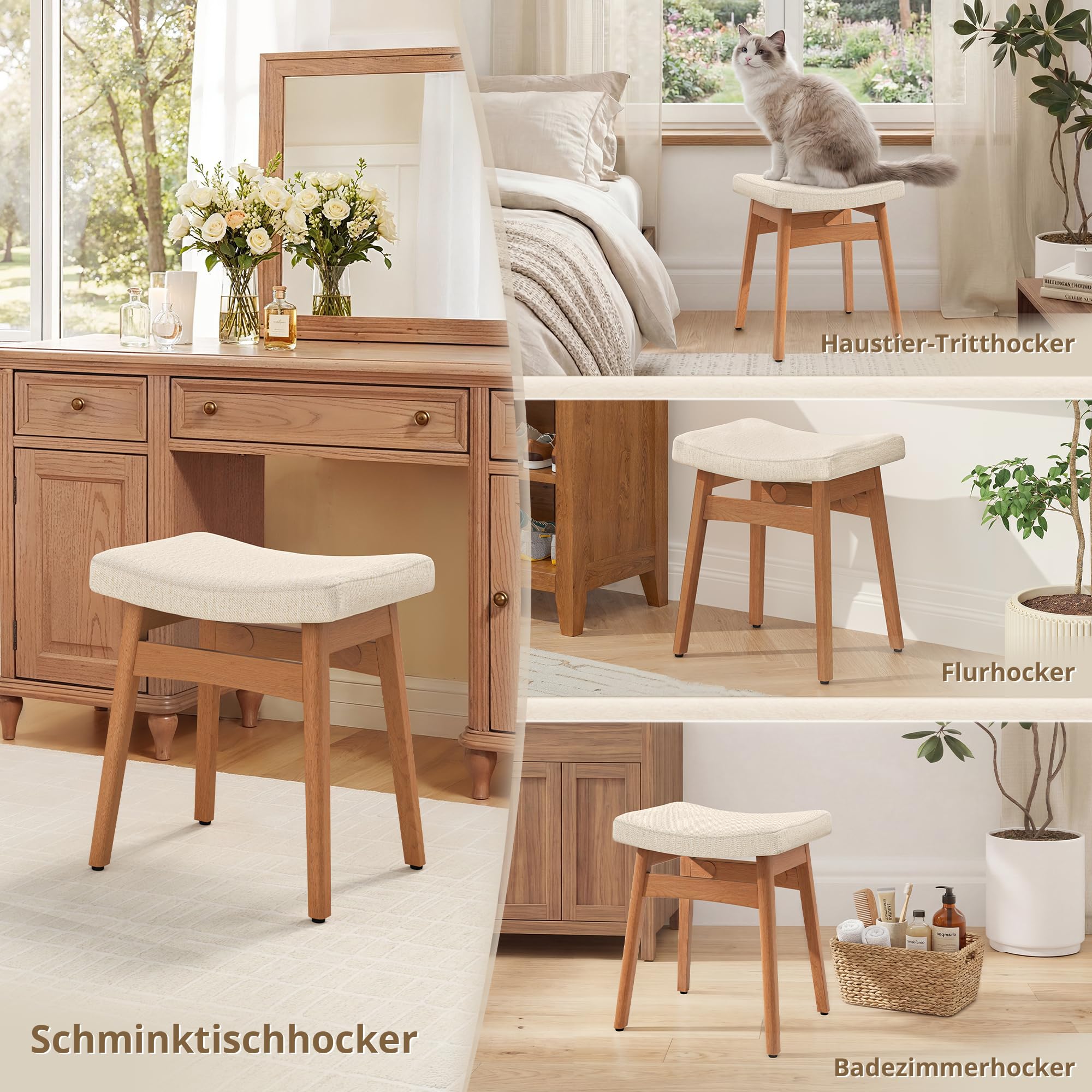 LUE BONA Schminktisch Hocker,Schminkhocker aus Leinen mit Beine aus Holz,Sattelförmiger Make-up Stuhl,Fußhocker stabil bis 136 kg für Schlafzimmer & Ankleidezimmer oder Flur,Natur-Leinen+Walnuss