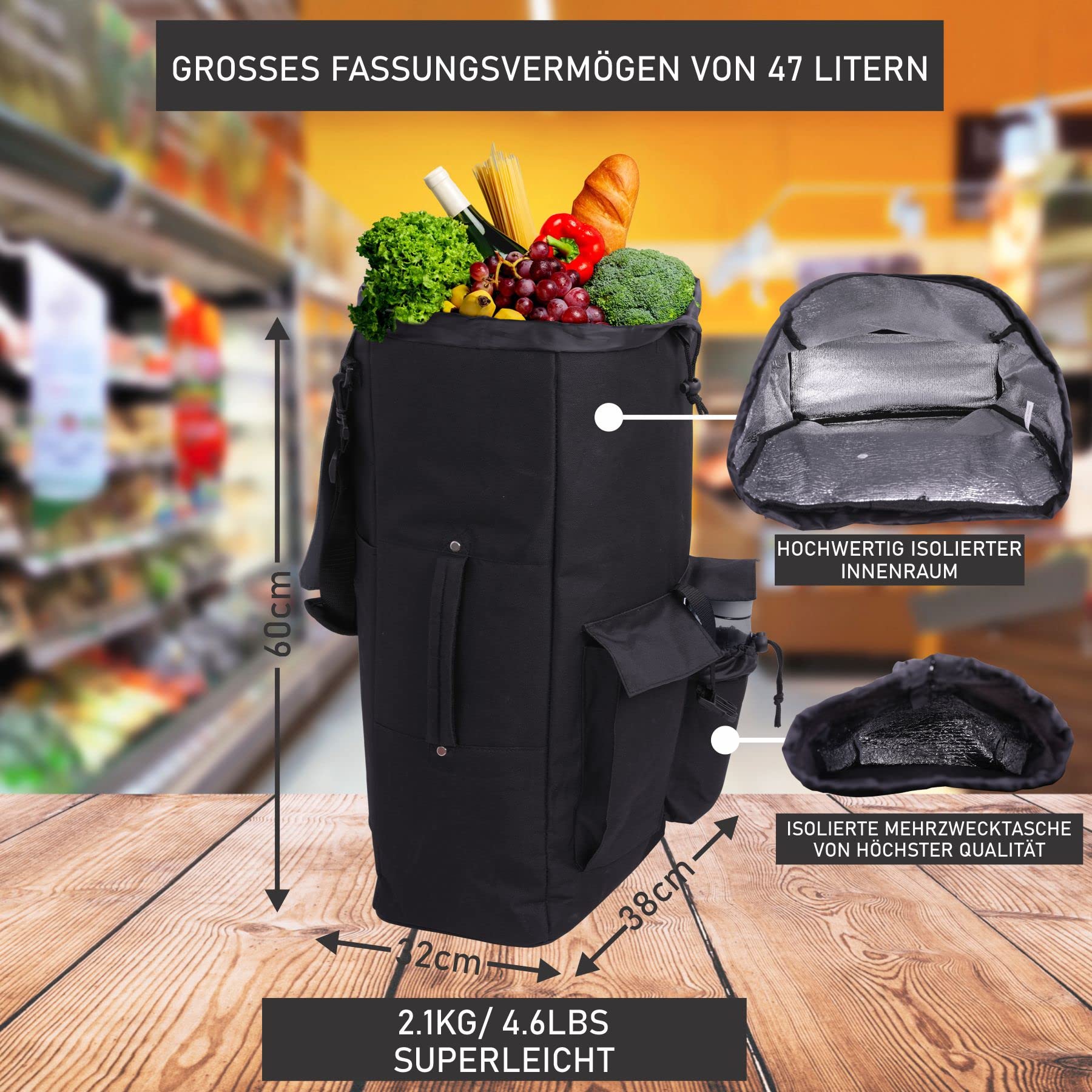 Hoppa Einkaufstrolley mit Rädern 42L Große Kapazität – Leichter Faltbarer Einkaufstrolley | Isolierte Einkaufstasche | Wasserabweisend | 2-Rad Trolley mit Taschen & Schultergurt+