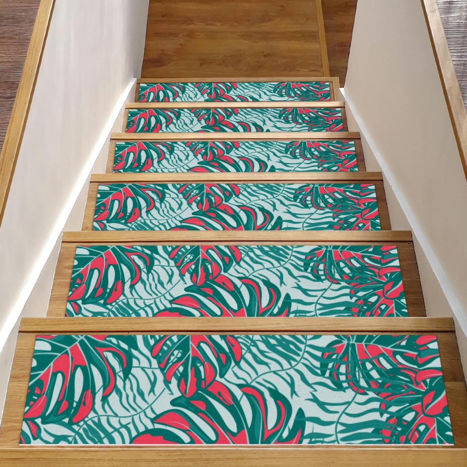 Peldaños de escalera de 8x30 pulgadas antideslizantes con estampado floral de hojas tropicales rosas