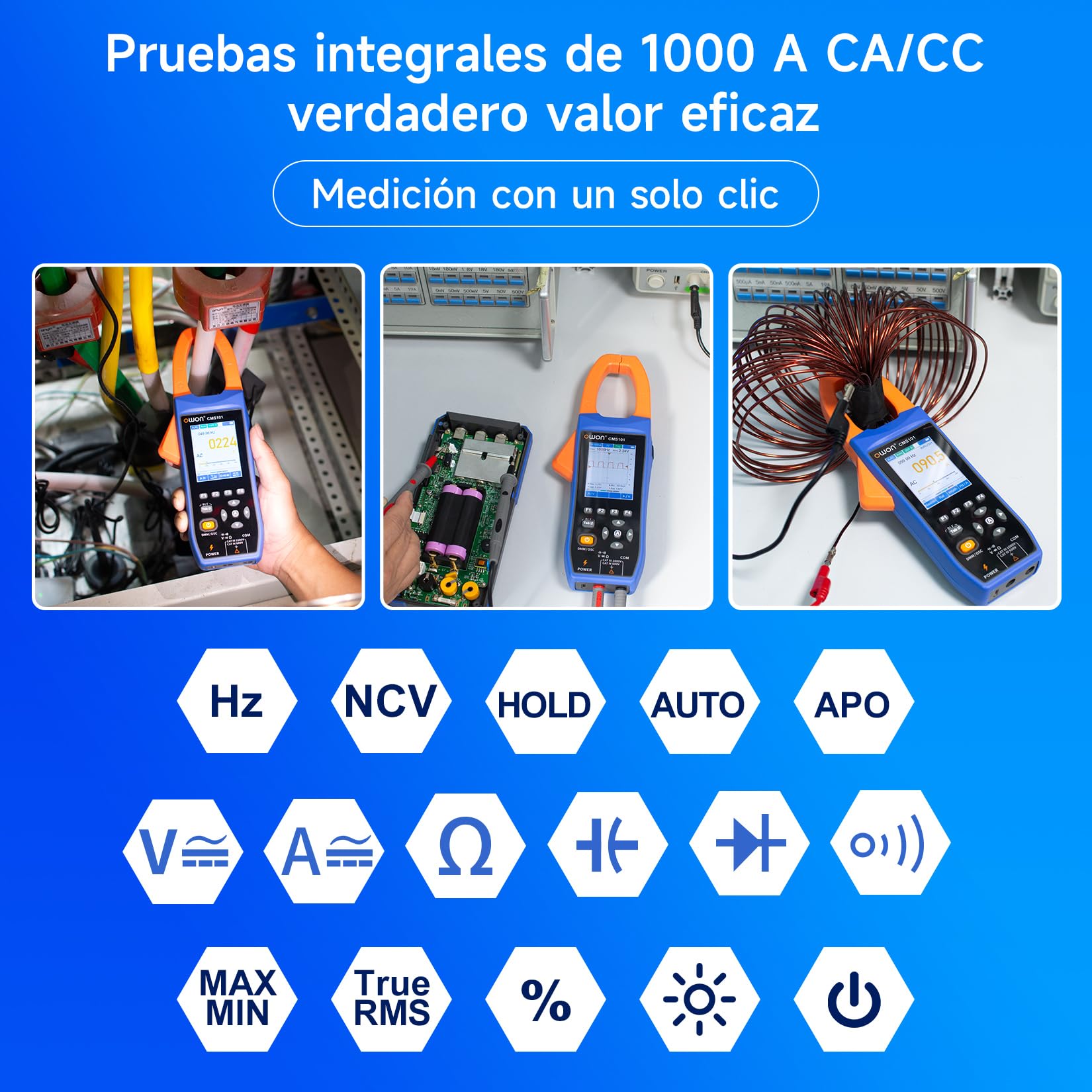 OWON Medidor de pinza de corriente AC/DC, función de escritura, 3 en 1, 20000 recuentos True RMS, escritura Bluetooth y osciloscopio