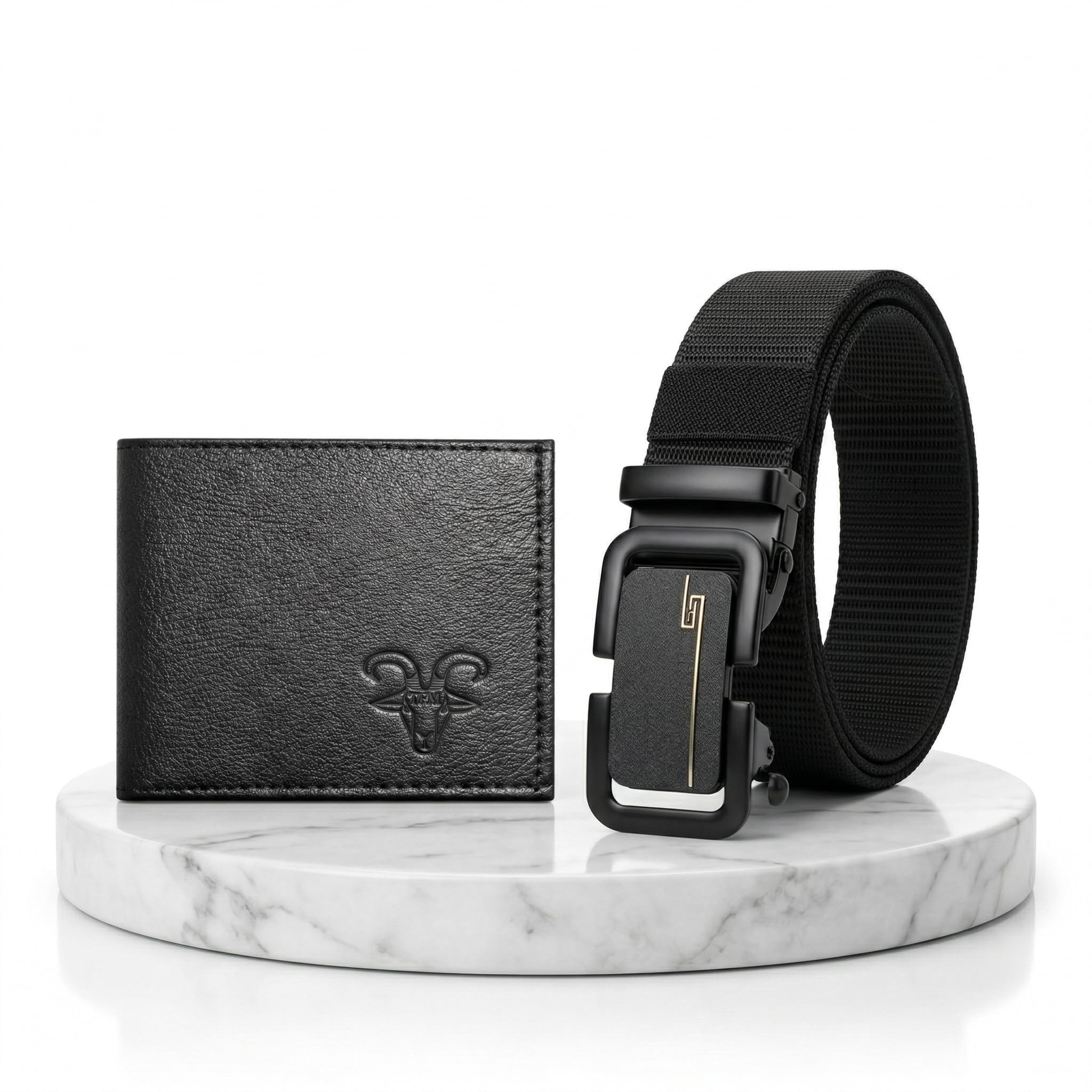 Men Black Canvas Belt & Wallet Combo - Minimalist Gold Stripe Buckle-image-31