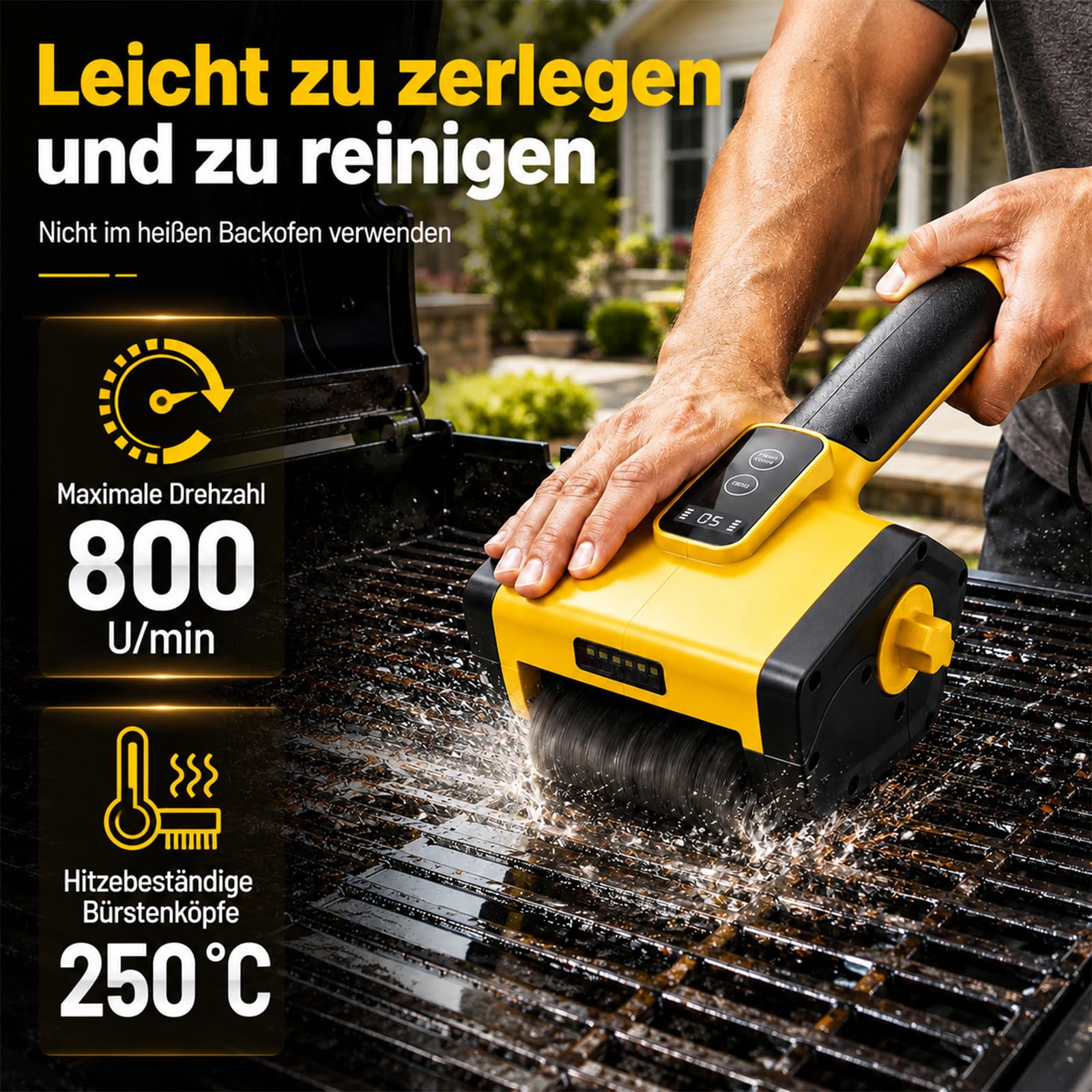 Elektrische Grillbürste Grillreiniger Elektrisch mit LED Licht, Kabellose Grill Reinigungsbürste für Grillrost, BBQ Grill Brush Edelstahl, USB-C Grill Cleaner Brush