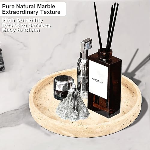 Miniatura 5 de WORHE Bandeja de tocador de travertino natural para baño, tocador, mostrador, decoración del hogar, bandeja decorativa redonda de mármol para velas,