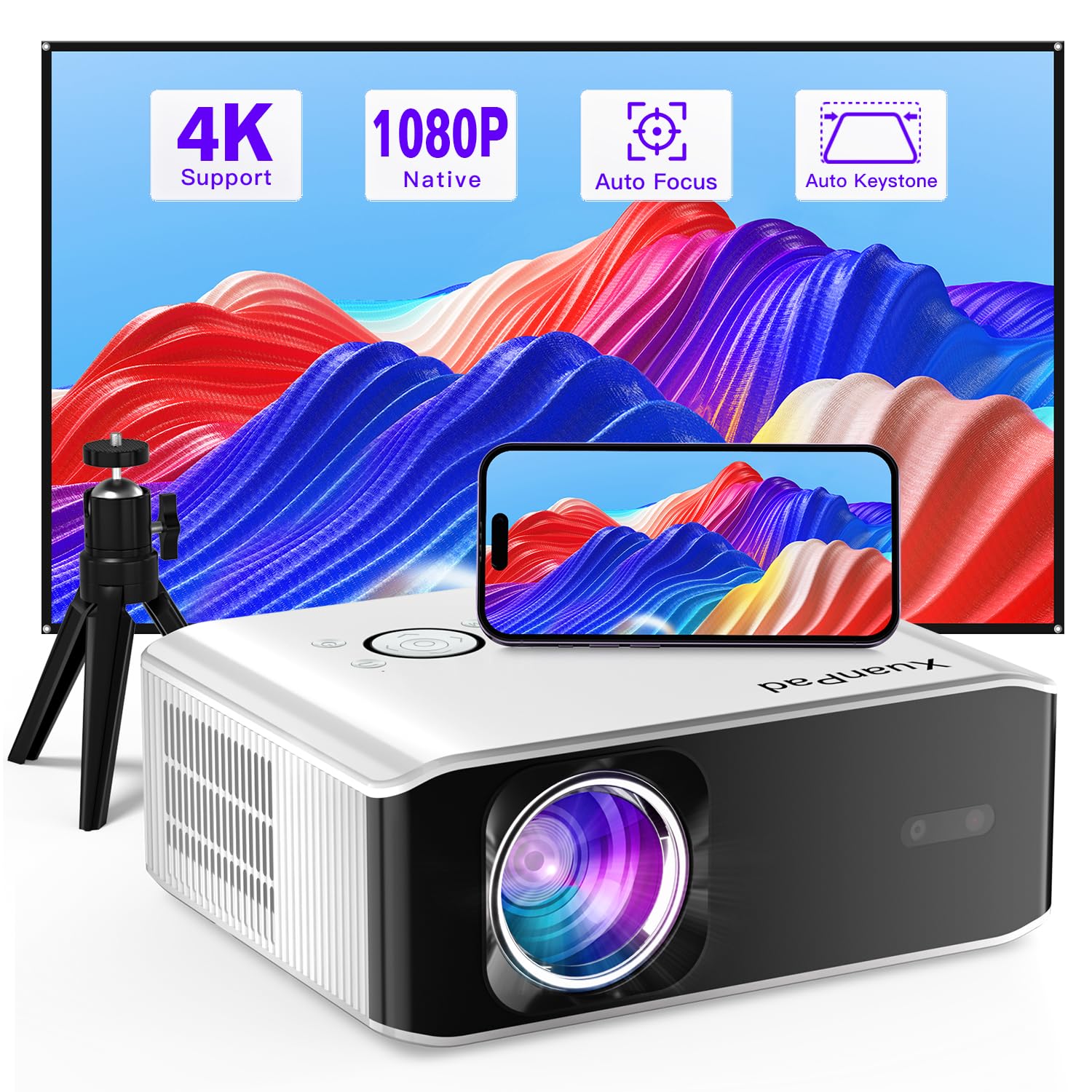 【AI Auto Focus & Keystone】XuanPad Smart Projector, 26000L Native 1080P & 4K Supported, WiFi6 & Bluetooth, Portable Home/Outdoor Cinema with Tripod for iOS/Android/TV Stick/HDMI/USB
