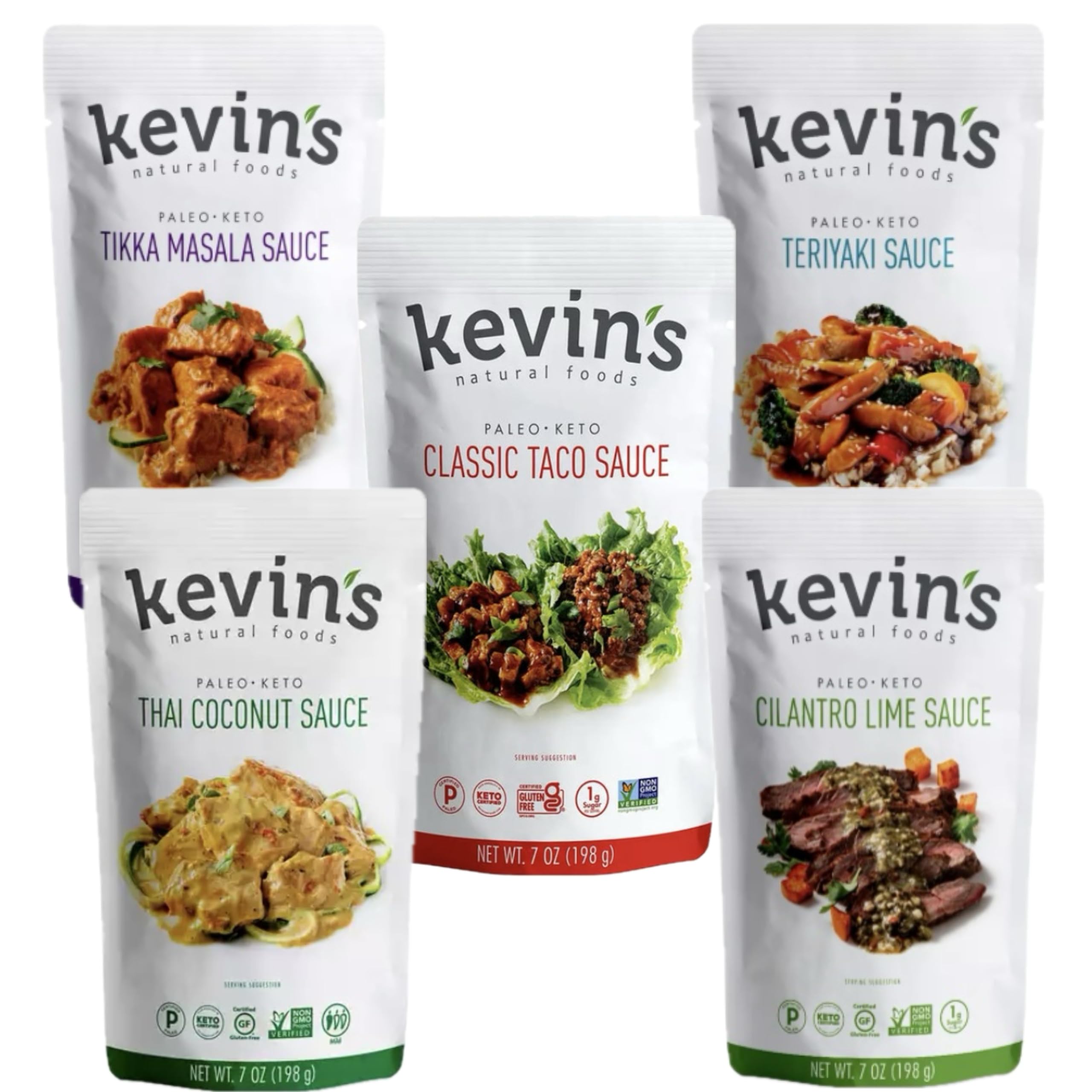 Kevin’s Keto/Paleo Saucy Bundle- Natural Foods No Refined Sugar & Gluten Free: 5 Simmer Sauces-Classic Taco, Cilantro Lime, Thai Coconut, Teriyaki, & Tikka Masala Instant Flavor Enhancer for Any Meal