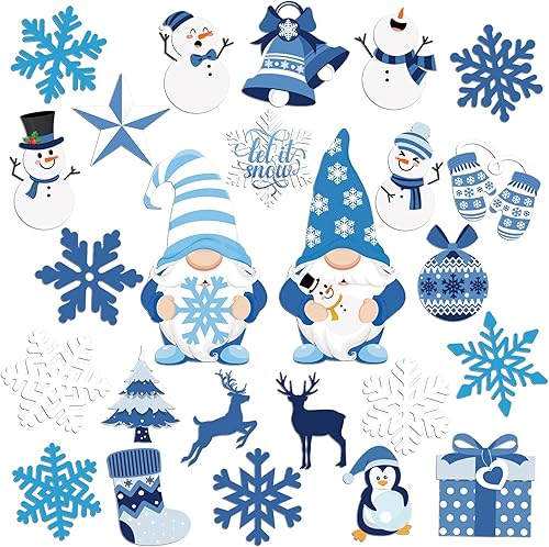 Xuhal 25 imanes de invierno, decoración de gnomo azul, muñeco de nieve, copo de nieve, imanes para refrigerador, calcomanías magnéticas decorativas