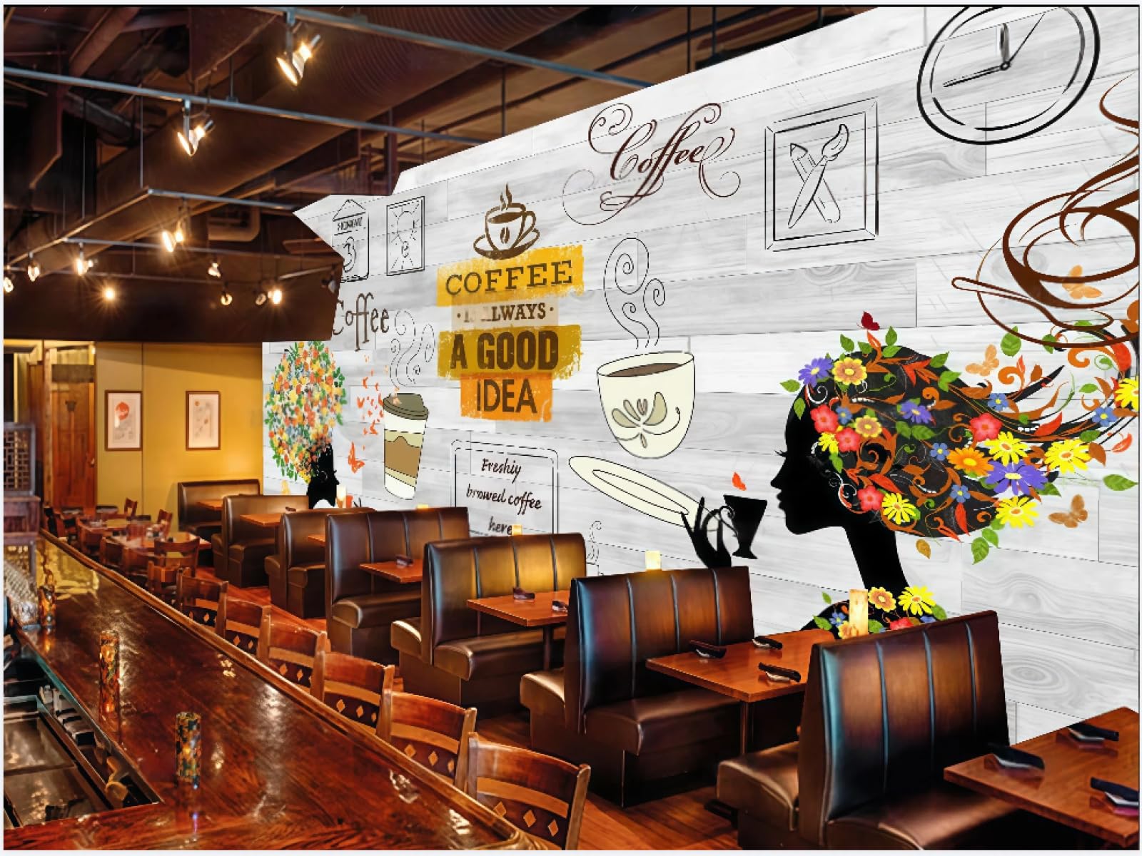 Tapeta Moda Drewniana Deska Ręcznie Malowane Litery Kawy Bar Napoje Tło Ściana Zachodnia Restauracja Tapeta Kawiarnia Mural, 3D, 150 x 105 cm