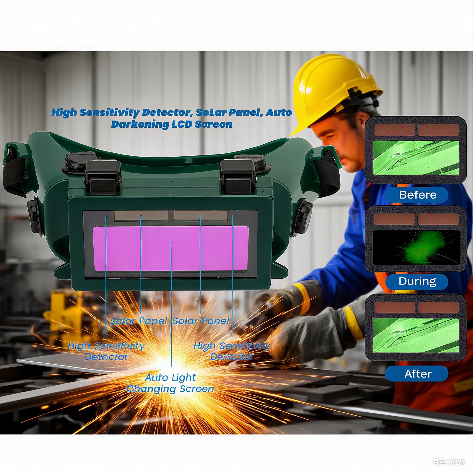 Lunette Soudure Arc Assombrissement Automatique Des Lunettes De Soudure Masque Solaire Auto-Assombrissant Pour Soudeur Lunettes De Protection Pour Chantier De Construction(Vert foncé)