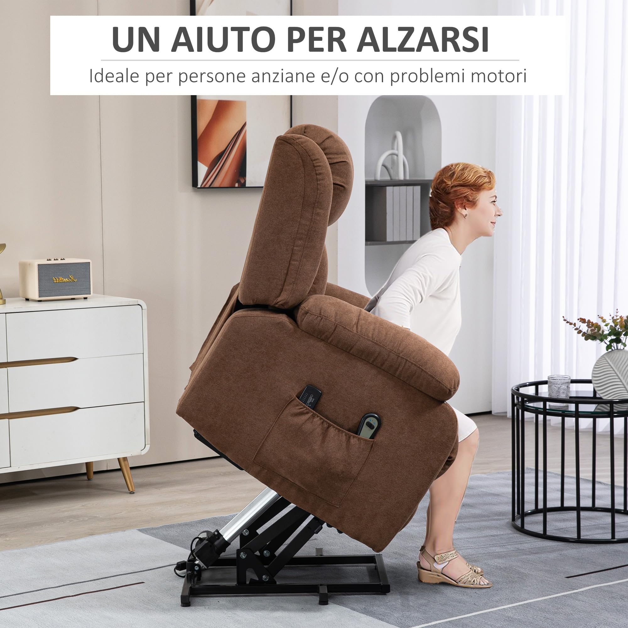HOMCOM Poltrona Alzapersona Elettrica con Telecomando, Poltrona Relax Massaggiante e Reclinabile in Tessuto con Poggiapiedi e Tasche Lateriali, 91x93x103cm, Marrone