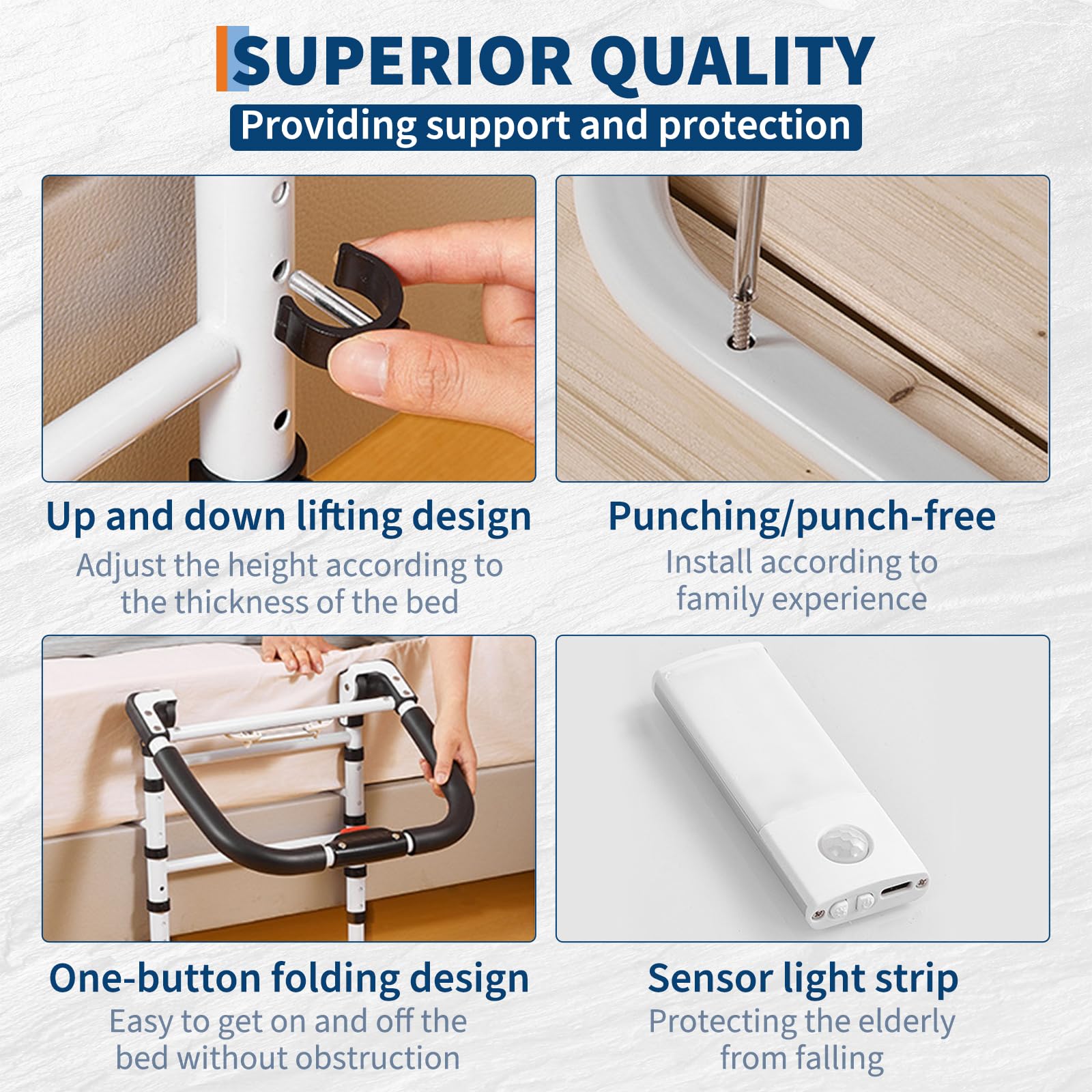 Garvee Barandilla de cama para adultos mayores - Altura ajustable, plegable con patas y apoyo lateral - Estructura de acero resistente, soporta 150 kg - Luz de movimiento con 3 modos, mecanismo de