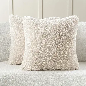 FUTEI Beige Decorative Throw Pillow Covers 20x20 Inch Set of 2,Soft Fluffy Faux Wool Fur Boucle Textured Cushion Case,Modern Home Decor for Couch Bed Living Room Office