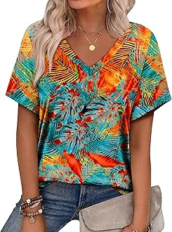 AlarooWomens Summer Tops 2025 V Neck Short Sleeve Shirts Trendy Dressy Casual Vacation Outfits Printed