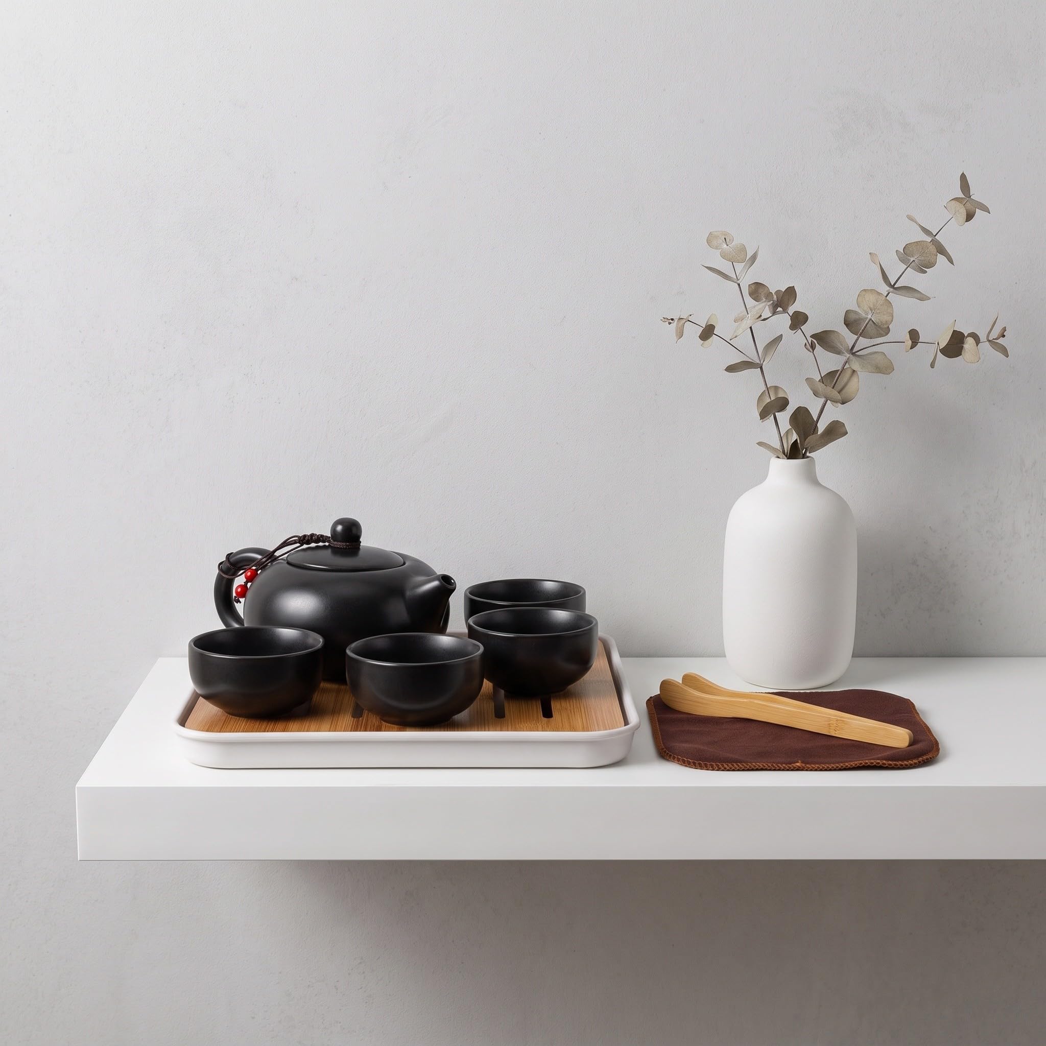 SOLUSTRE 1 Zestaw Ceramiczny Zestaw do Herbaty z Przenośną Torebką Porcelanowe Naczynia do Herbaty z Czajnikiem Filiżankami Bambusową Deską Do Serwowania i Akcesoriami na Prezent Biznesowy