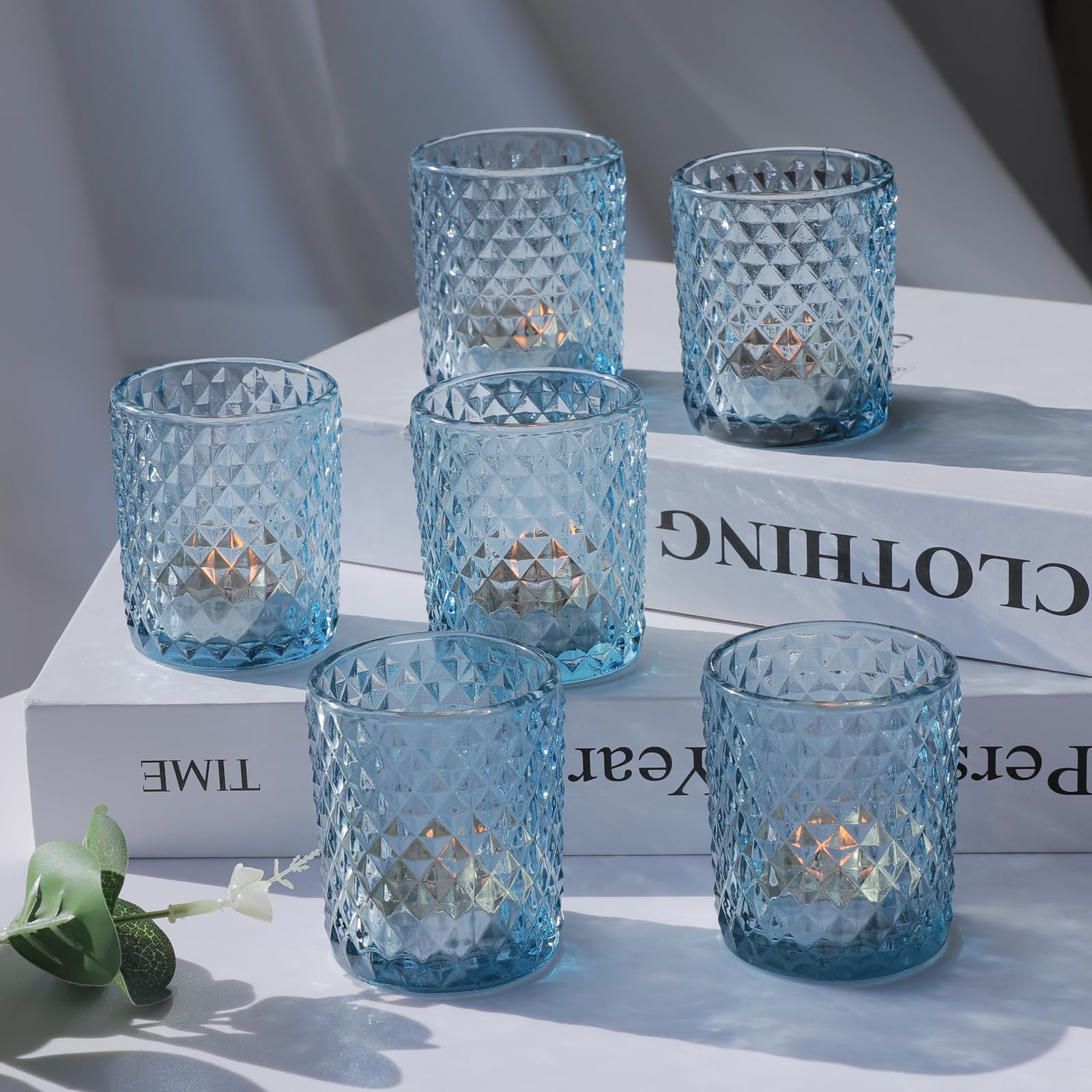 Vohocandle 12pcs Tea Light Holders Glass for Wedding Table Centerpiece, Blue Tea Light Candle Holders for Birthday Party, Tealight Holders for Home Decor(Blue, Set of 12)