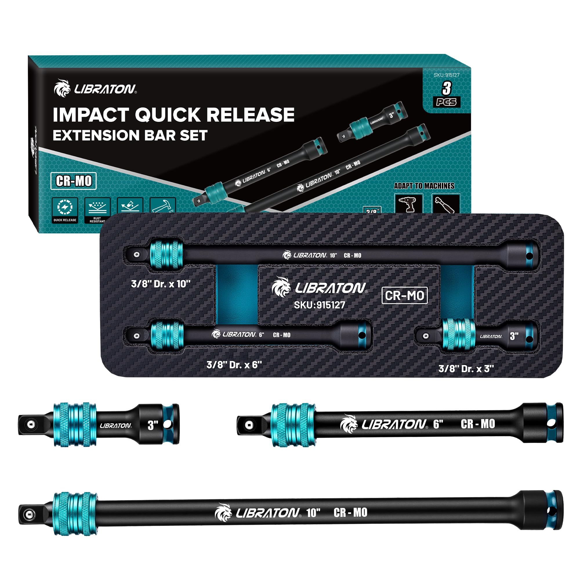 Libraton Black 3/8" Drive Locking Impact Extension Bar Set, 3", 6", 10" Socket Extension, Quick Release With Sliding Collar, Cr-Mo Steel, Phosphate Finish, Automotive Hand Tools With Xpe Tray