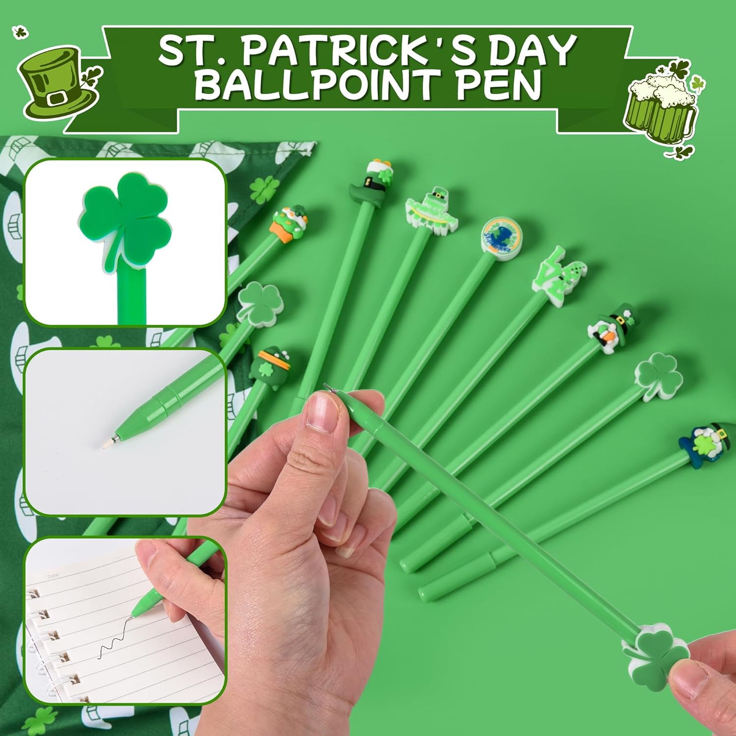 100 Pcs St Patricks Day Cartoon Cute Fun Pens for Kids Kawaii Top Hat Clover Shamrock Leather Boots Gnome Beer Shape Gel Black Ink Pen Cute Pumpkins Pens for School Office Home Student Kids Present