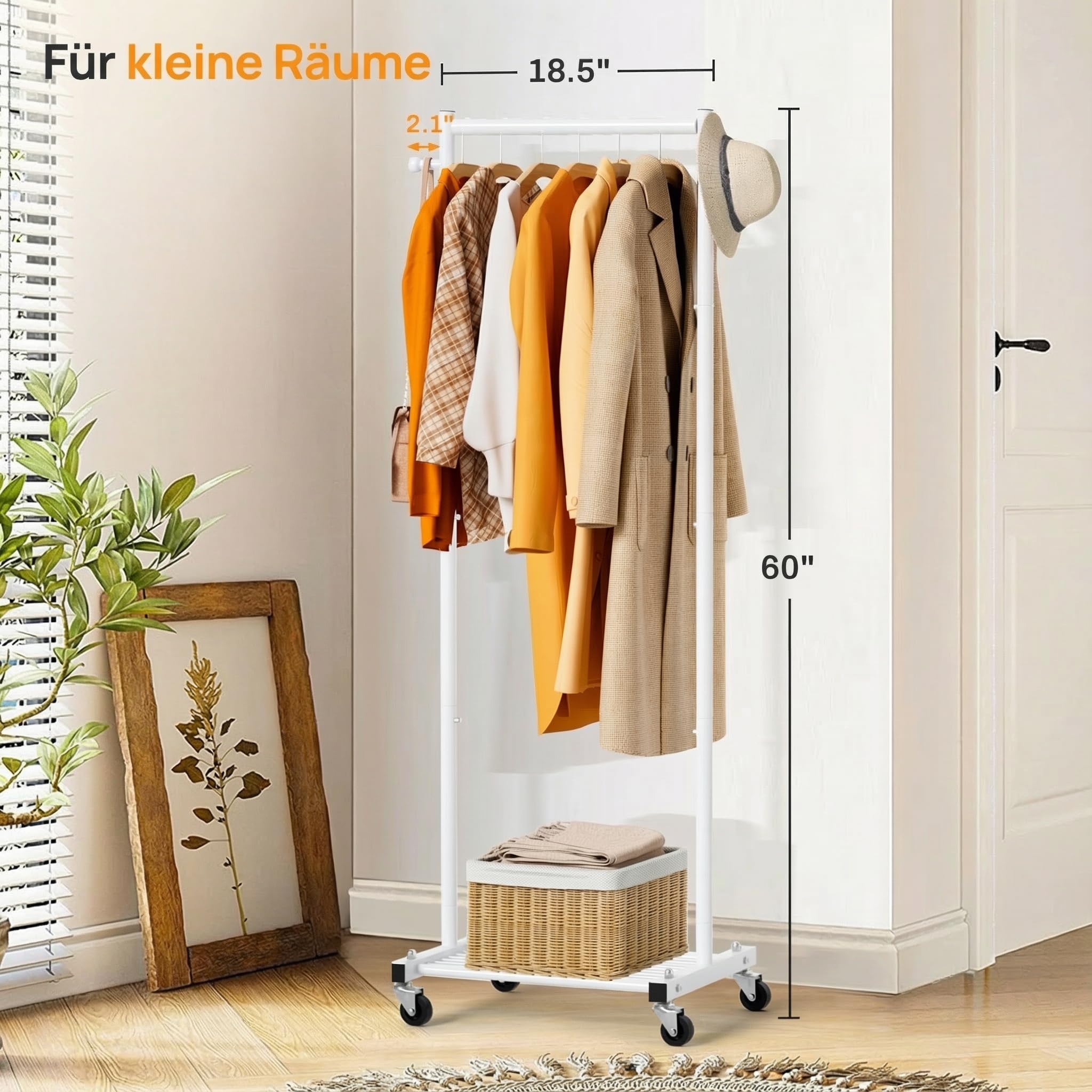 MISSLO Kleine Kleiderständer auf Rollen, Schmal Kleiderstange mit Ablagen, 152 cm Metall Garderobenstange, Tragbarer, Freistehender Roll Kleiderwagen für Kleine Räume, Weiß