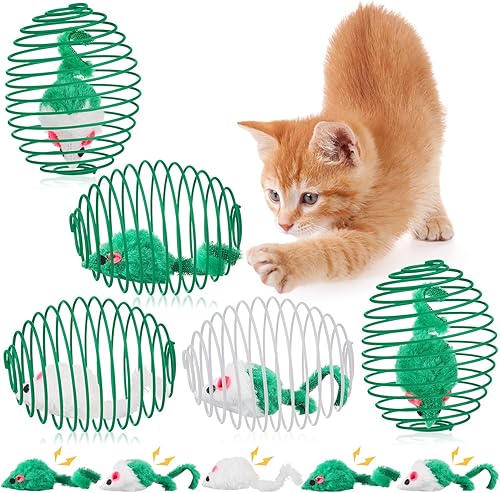 Miniatura 9 de Jecery 5 bolas de resorte para gatos, bolas elásticas para gatos, bobinas coloridas y juguetonas, juguete de acción interactiva, ratas enjauladas