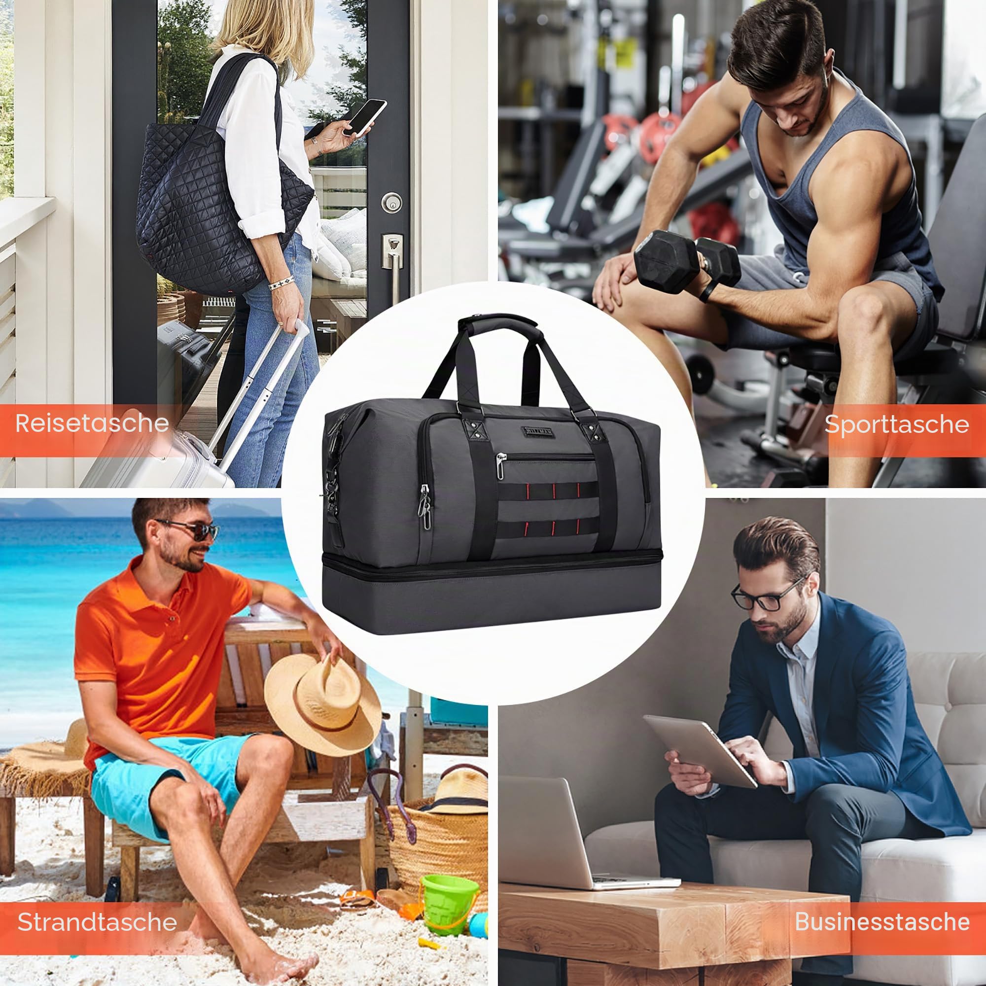 WITZMAN Reisetasche Herren 55L Nylon Weekender Duffle Bag mit Kulturbeutel | Mehrere Taschen mit Schuhfach und Nassfach, Handgepäck Flugzeug, Konvertierbar für Reisen, Sport, Weekender, B696 Silbergrau