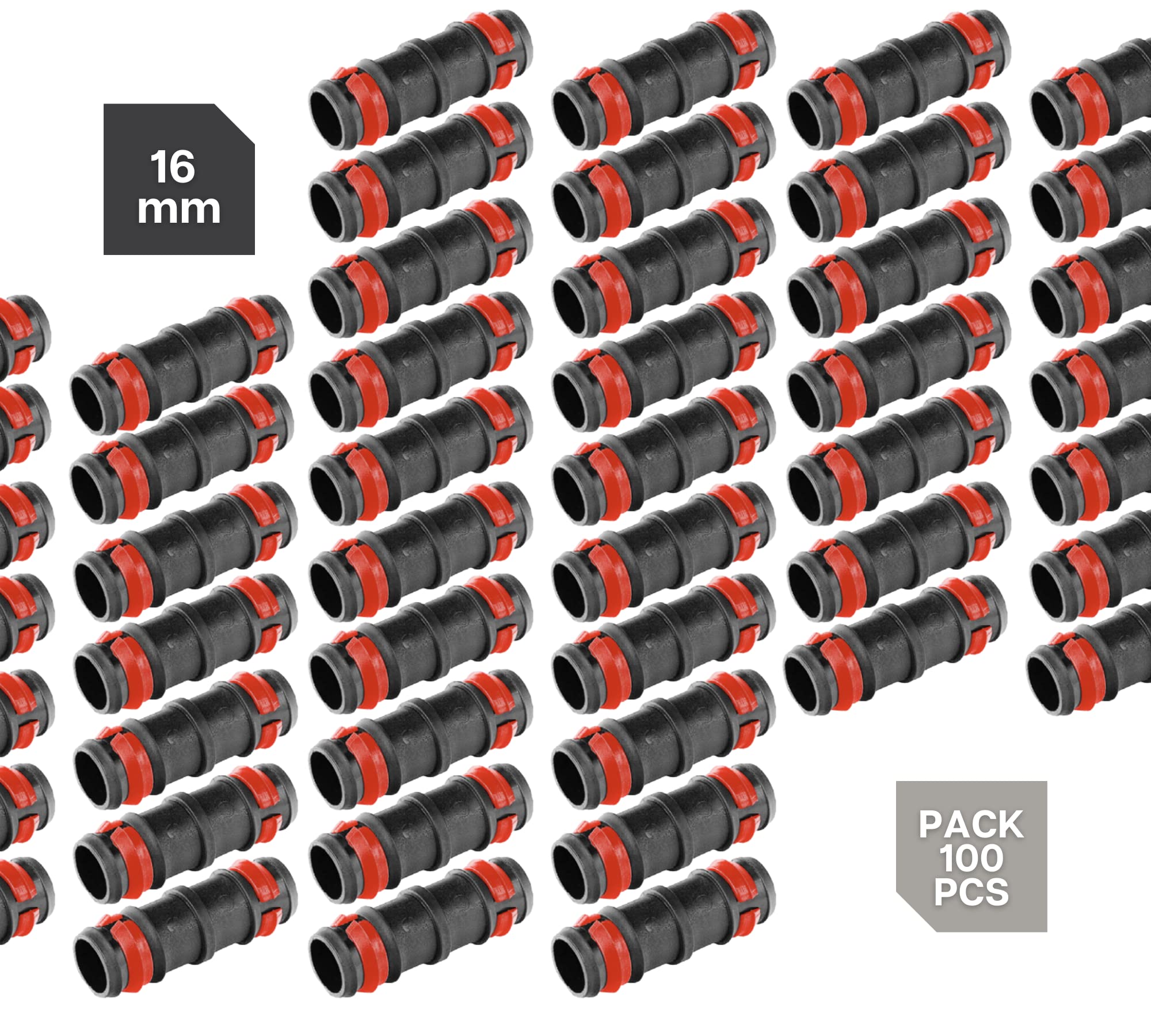 DOJA Barcelona | Link zabezpieczający kroplówka | Pack 100 | Złącza do nawadniania do węża ogrodowego | Ø 16mm | z pierścieniem zabezpieczającym | Akcesoria do nawadniania kroplowego | Adapter, Rurka nawadniania, nawadnianie ogrodu