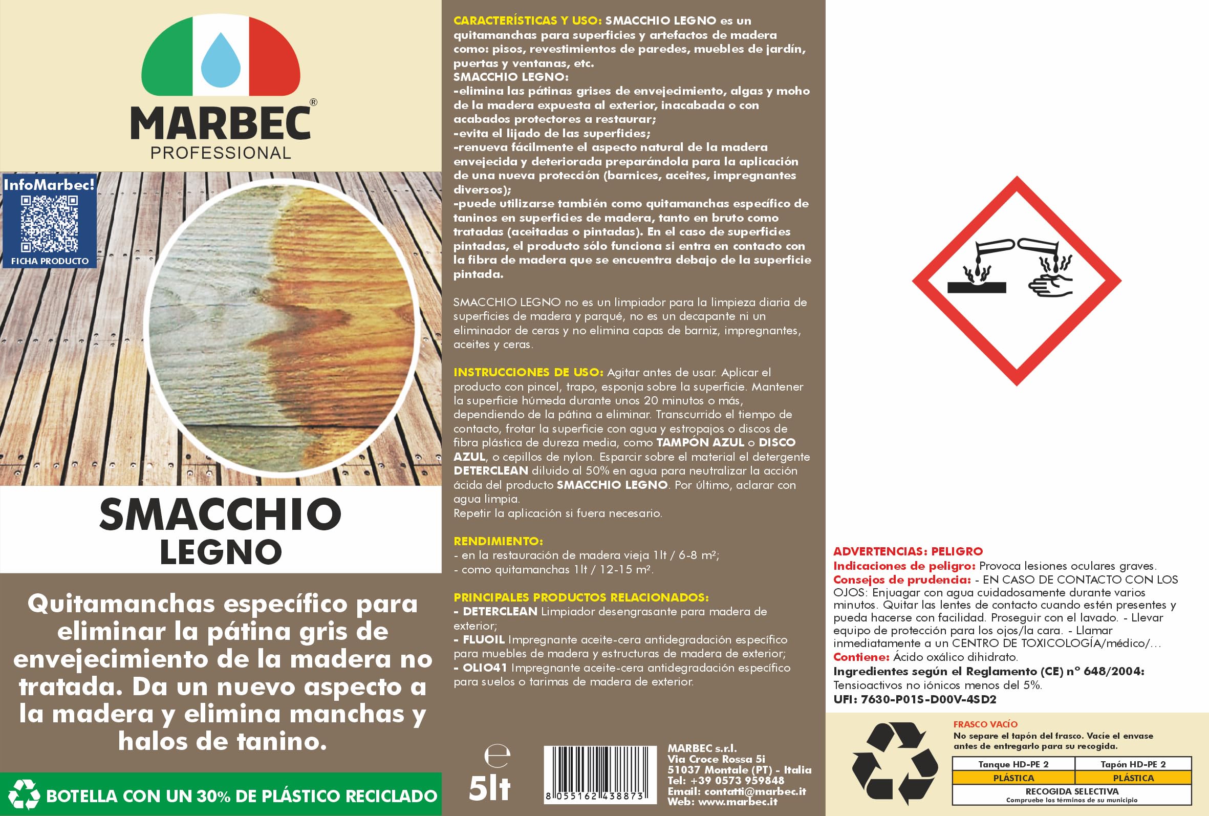 MARBEC SMACCHIO LEGNO 5LT Quitamanchas para madera envejecida y manchada
