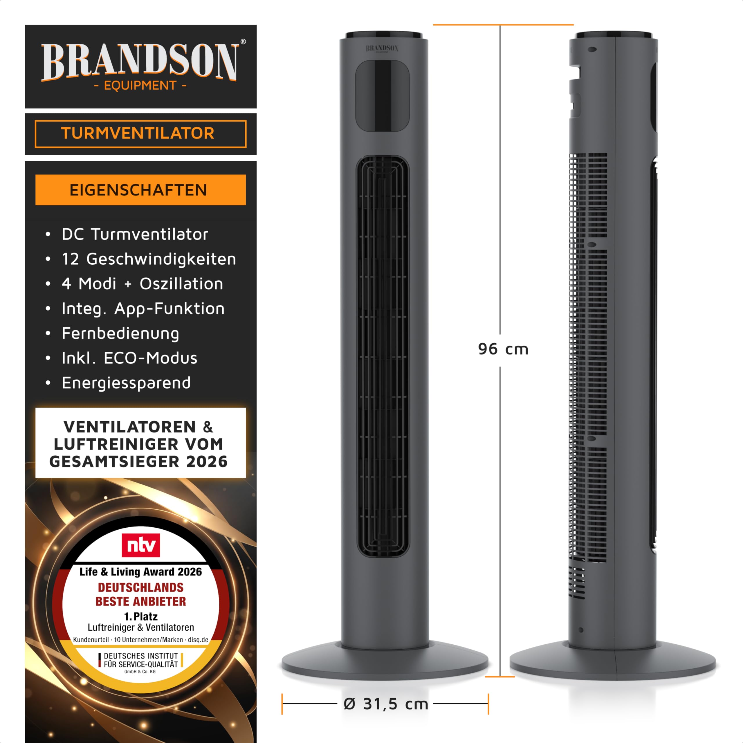 Brandson - Turmventilator ECO mit DC Motor - sehr leise – Wlan Smart Home mit App/WiFi Alexa Sprachsteuerung - mit Fernsteuerung – Sieger Ventilatoren und Luftkühler 2026 - Anthrazit