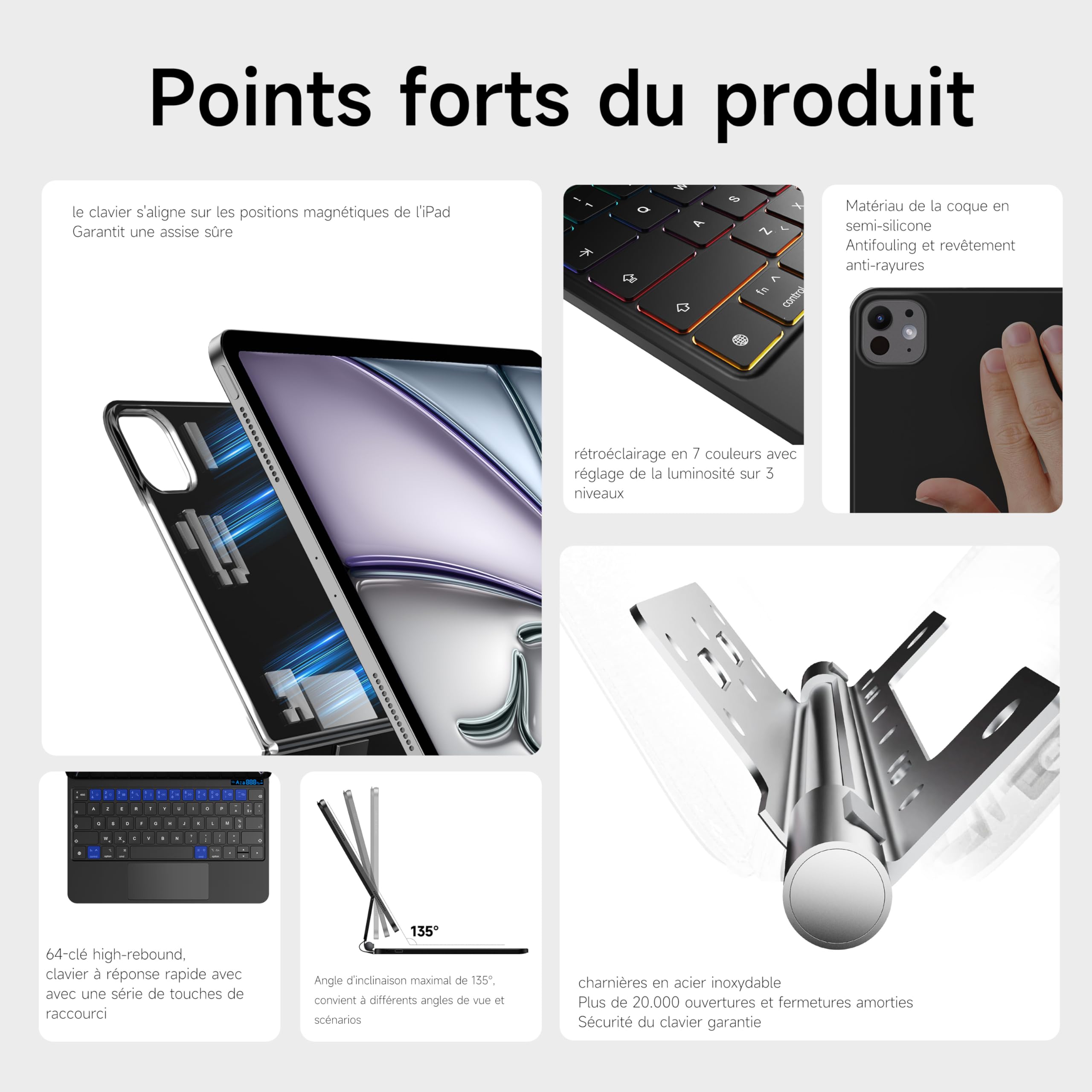 Clavier pour iPad Air 11 pouces (M3/M2,2025/2024), Air 5e/4e Gen et iPad Pro 11" (4e/3e/2e/1re Gen) avec Design magnétique Flottant,Pavé Tactile Multi-Touch,Rétroéclairées,Magic Keyboard,AZERTY,Noir