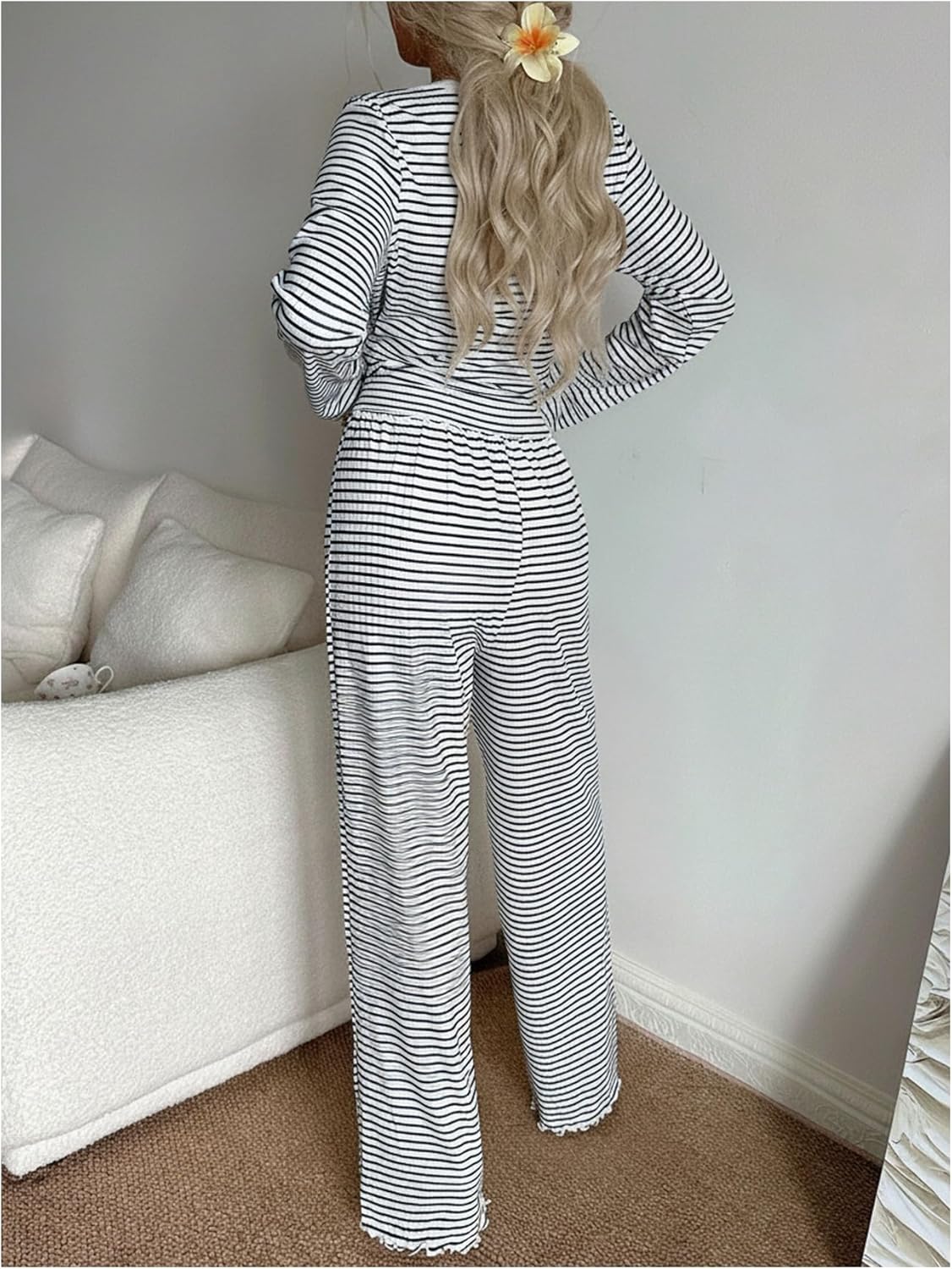 SOLY HUX Women's Striped Pajama Set Lace Trim Long Sleeve T Shirt Tops and Pants Casual Loungewear Sleepwear - Image 2
