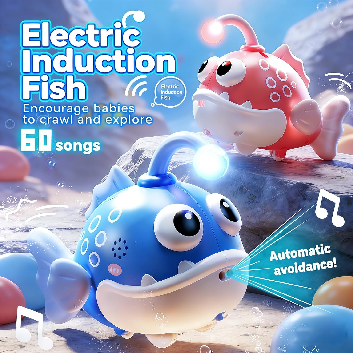 Electric Fish Toy Induction Flashlight for Babies - Musical Toy with Soft Sounds, Suitable for 6, 9, 12 Months and Older, Promotes Motor Development and Attention (Red)
