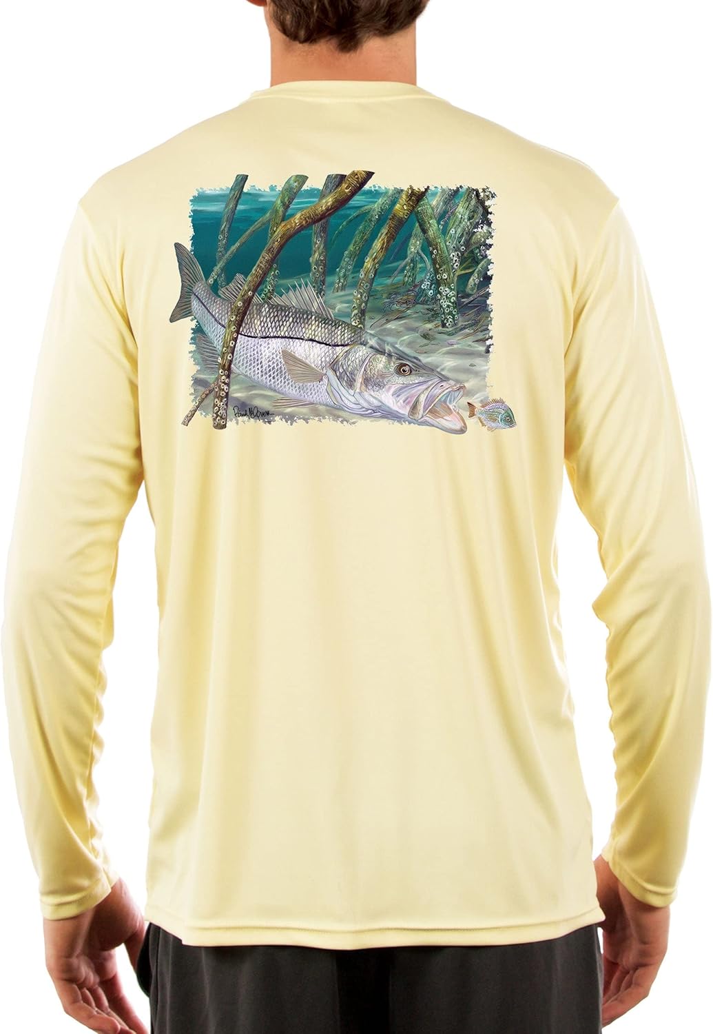 Skiff Life Snook Fishing Shirts for Men - Florida Snook Fish in Mangroves with Snook Scale Sleeve by Randy McGovern
