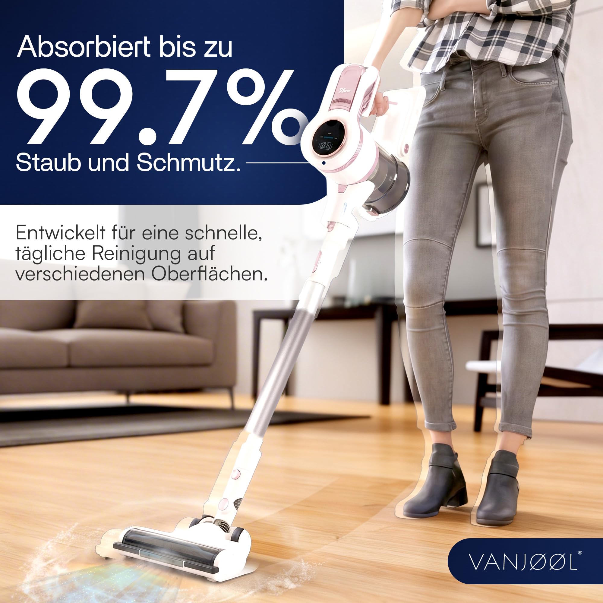 VANJOOL® Akku Staubsauger Kabellos 250W – 9 kPa Stielstaubsauger & Handstaubsauger – Beutelloser Staubsauger mit Wandhalterung – LED-Beleuchtung – 2 Saugstufen – 3 Aufsätze - Weiß / Rosa