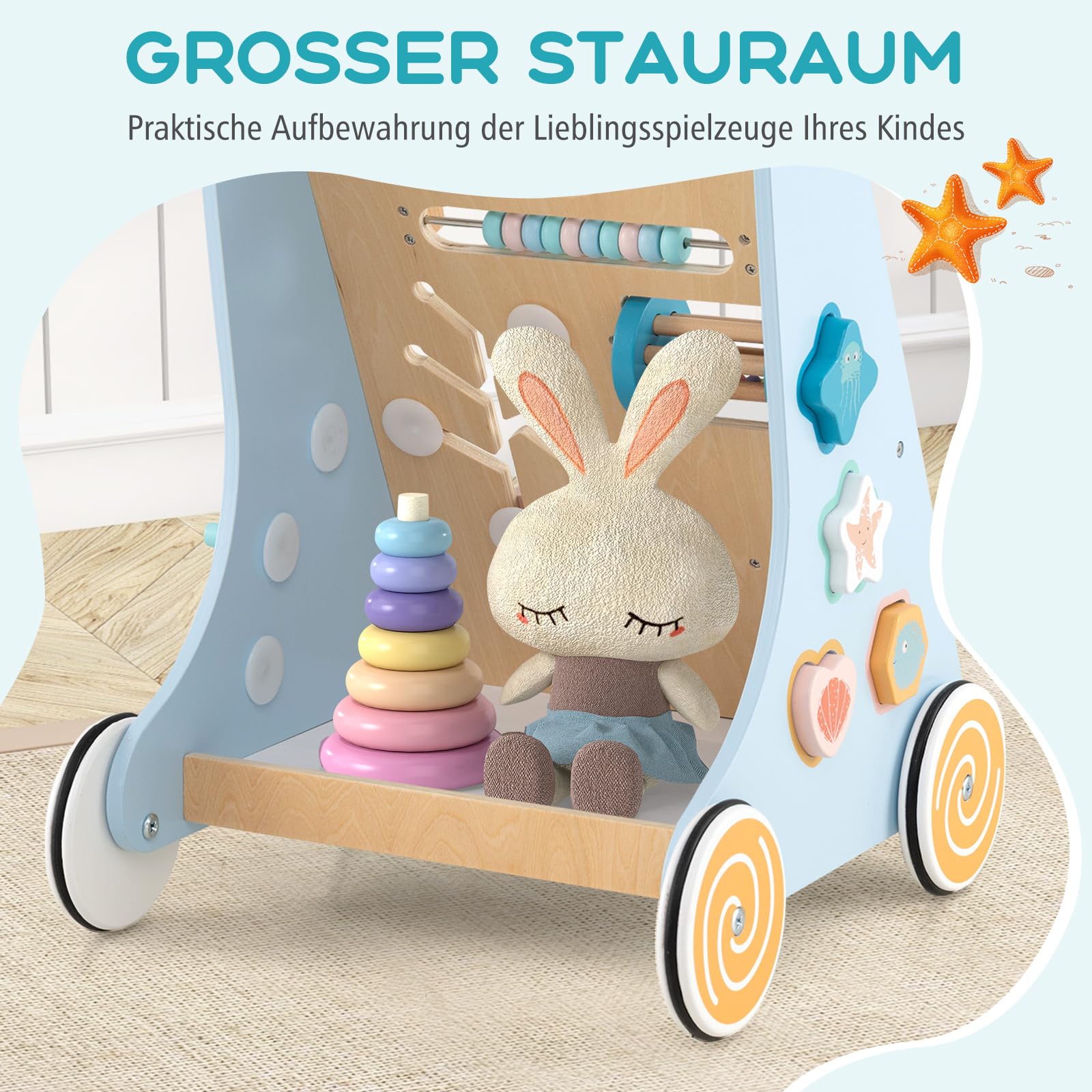COSTWAY Lauflernwagen Holz, Baby Lauflernhilfe zum Schieben und Ziehen, Montessori Laufspielzeug mit Rädern, Laufwagen für Jungen und Mädchen ab 1 Jahr, 35 x 33 x 47 cm (Meer-Blau)