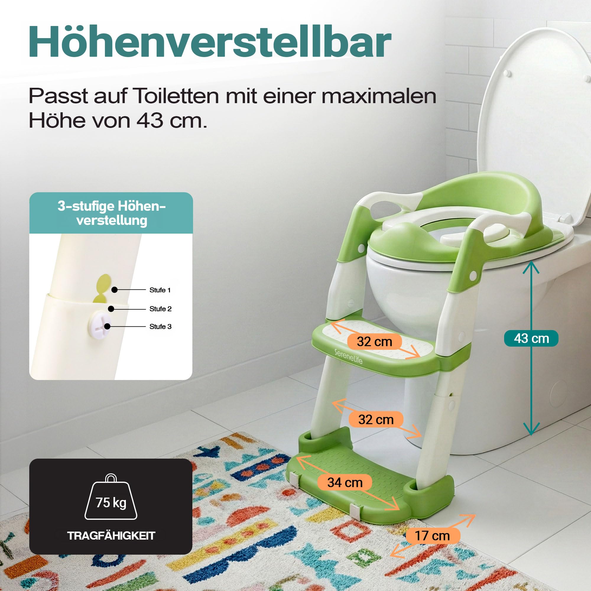 SereneLife Toilettensitz Kinder mit Treppe – 2-in-1 Höhenverstellbarer Toilettentrainer mit Leiter, Rutschfester WC Sitz mit Griffen für Jungen und Mädchen, Grün