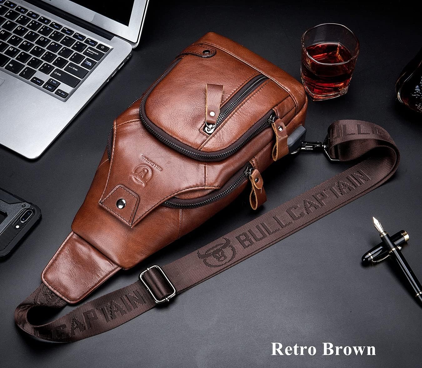 BULLCAPTAIN Men Crossbody Bag with USB Charging Port Genuine Leather Shoulder Sling Chest Bag Travel Hiking Backpack (Brown) - Image 2