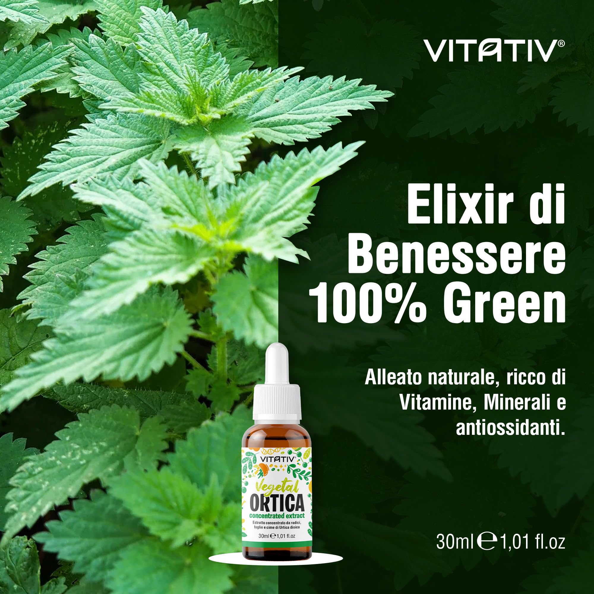 Vitativ Ortica (Urtica Dioica) Estratto Concentrato Analcolico Liquido in Gocce, 30 ml| Estratto Vegetale | Vegano