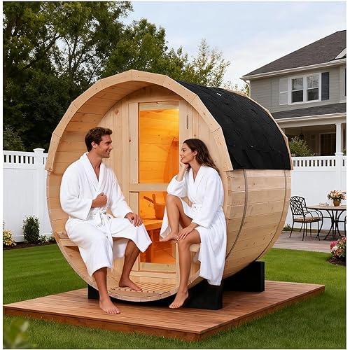Smartmak Outdoor Barrel Steam Sauna, 2-4 Person Canadian Pine Wood Saunas with Porch, Traditional Finnish Sauna Spa Room with 4.5 KW Heating Stove, Triple Waterproof System, Asphalt Shingle (0-195 °F)