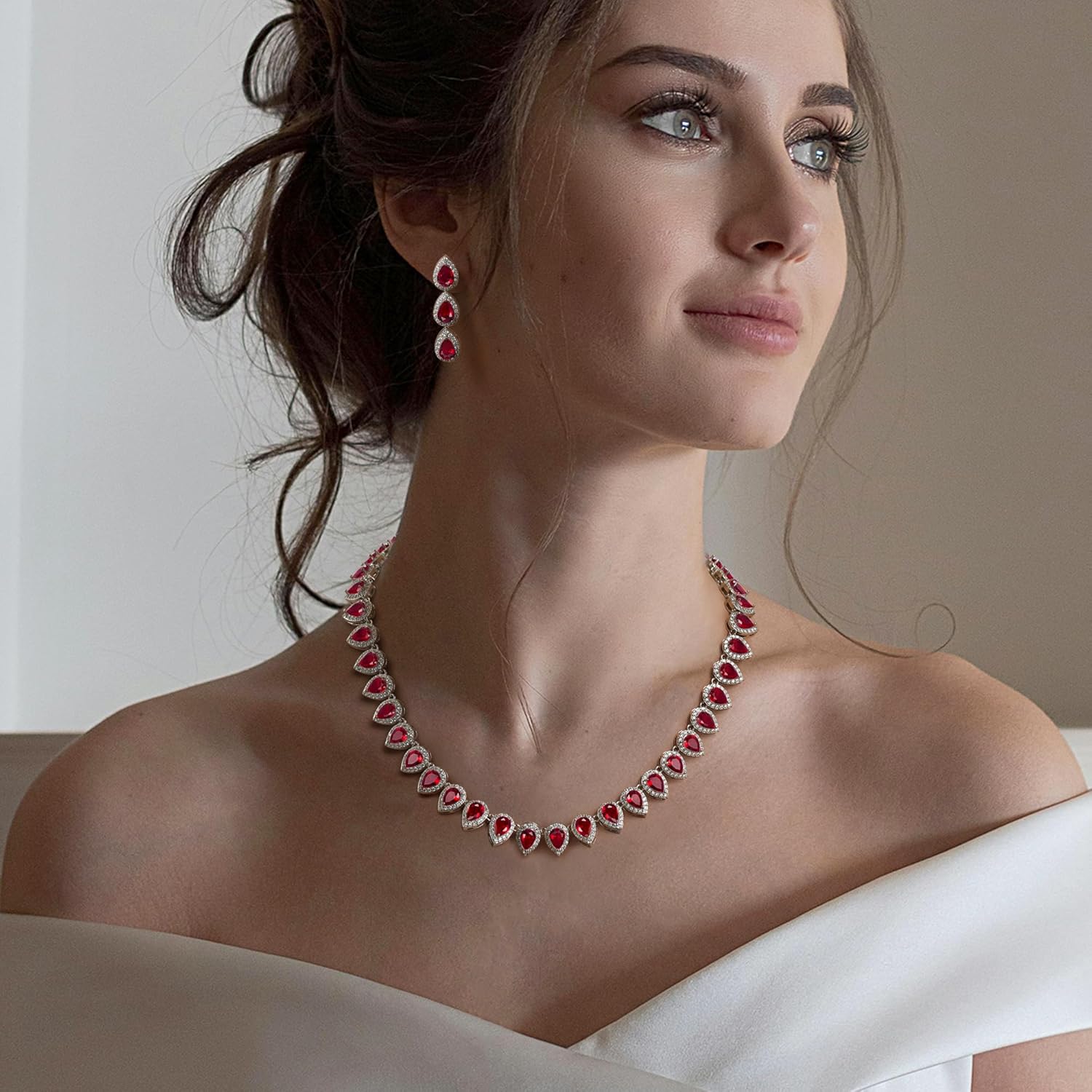 EleQueen Women's Silver-Tone Full Prong Cubic Zirconia Teardrop Bridal Necklace Earrings Set - Image 2