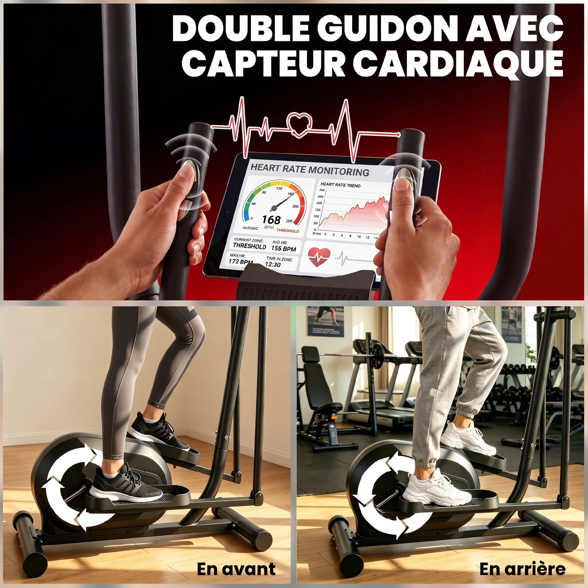 SPORTNOW Vélo Elliptique avec Écran LCD, Résistance 8 Niveaux, Capteur Pouls, Bluetooth APP, Support pour Téléphone, Vélo Elliptique Magnétique Charge 120 kg, Gris